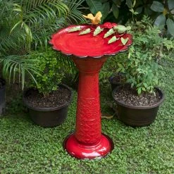 Best deal 🧨 Alpine Corporation 28" Tall Outdoor Metal Birdbath With Birds And Leaves Yard Statue Decoration, Red 🤩