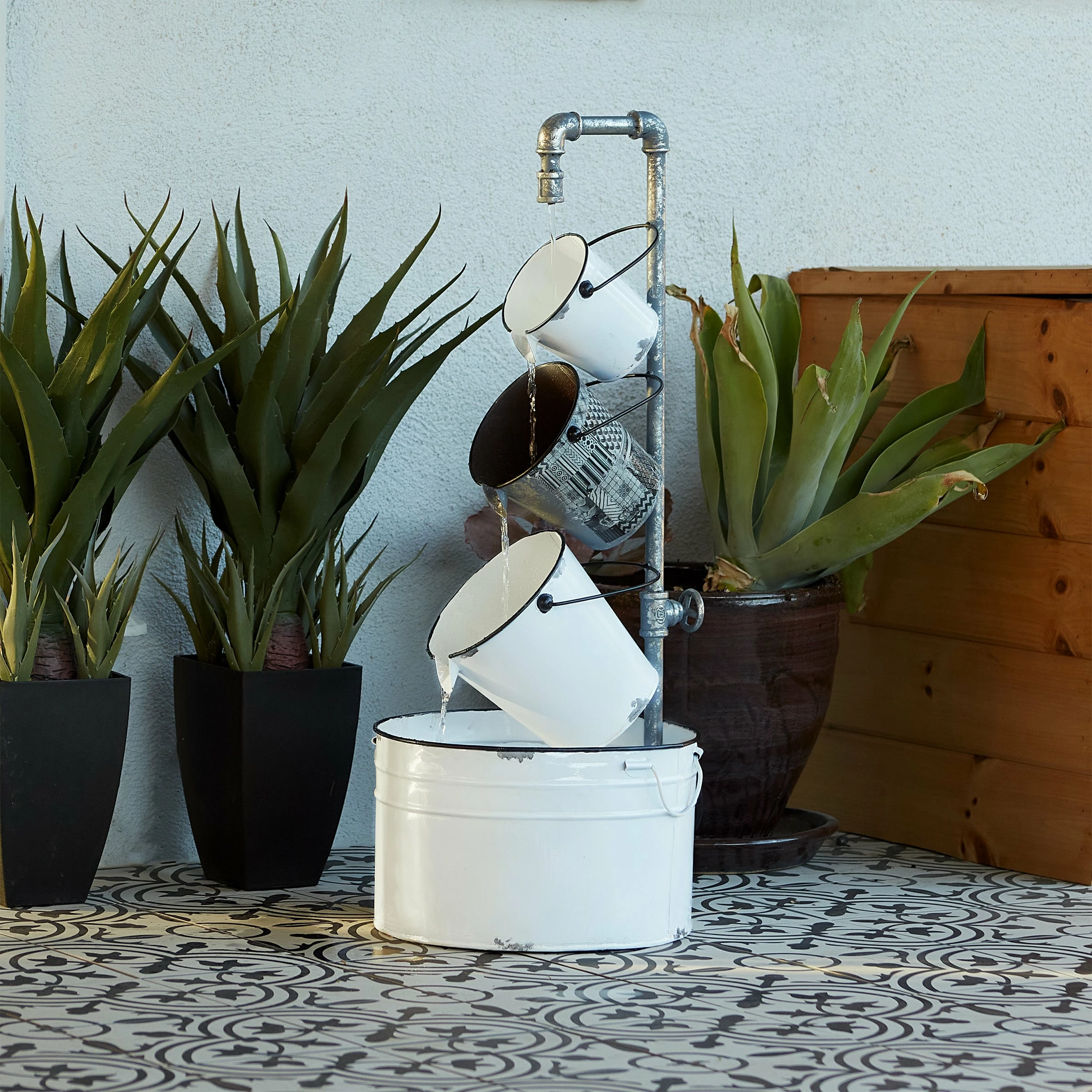 Promo β Alpine Corporation 33" Tall Rustic Metal Pails Fountain Yard Decoration, White π