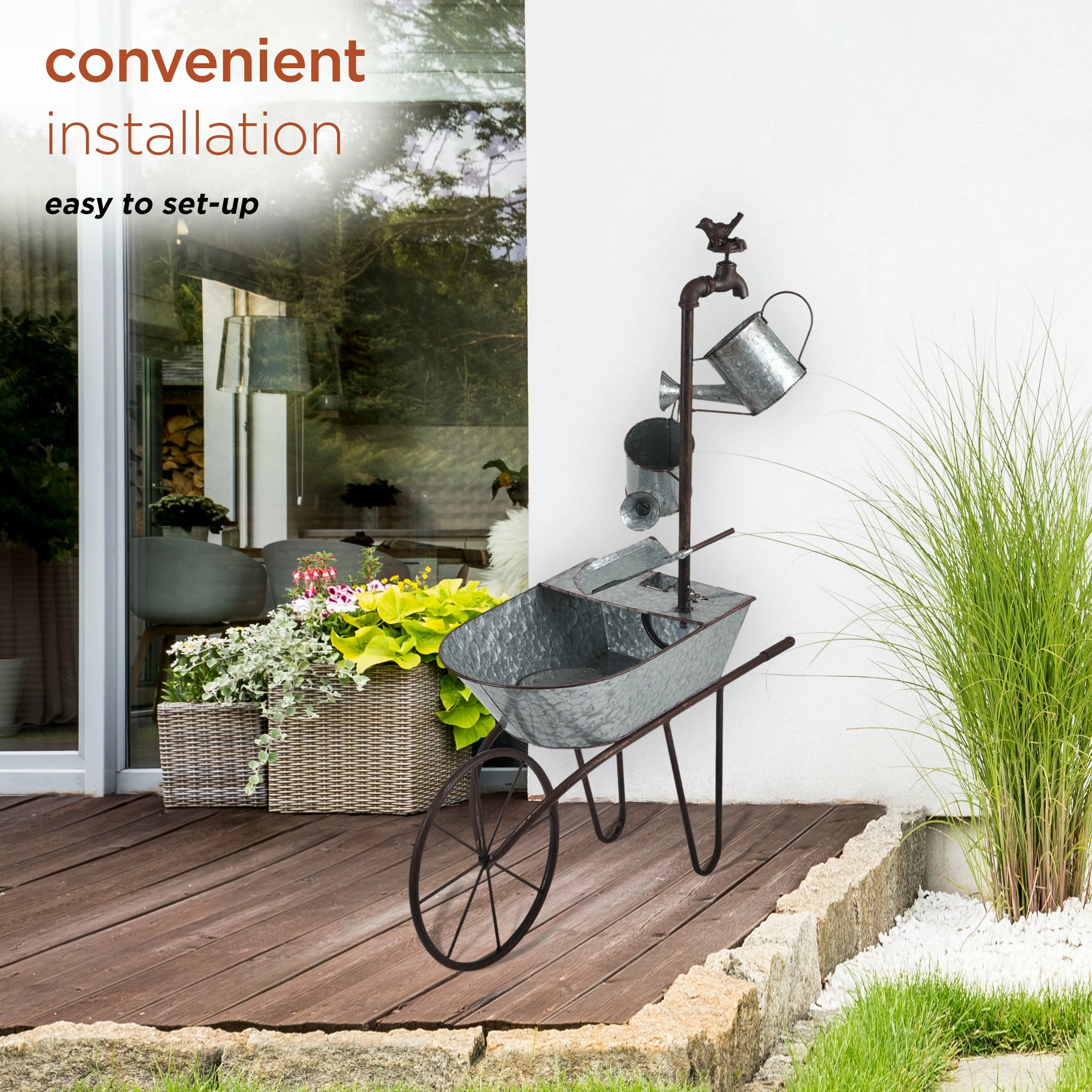 Discount π Alpine Corporation 36" Tall Rustic Wheelbarrow And Watering Can Fountain Yard Decoration π - Image 6