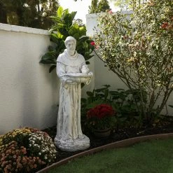 Outlet 🔥 Alpine Corporation 45" Tall Outdoor Saint Francis Birdbath Statue Yard Art Decoration, Light Gray 💯
