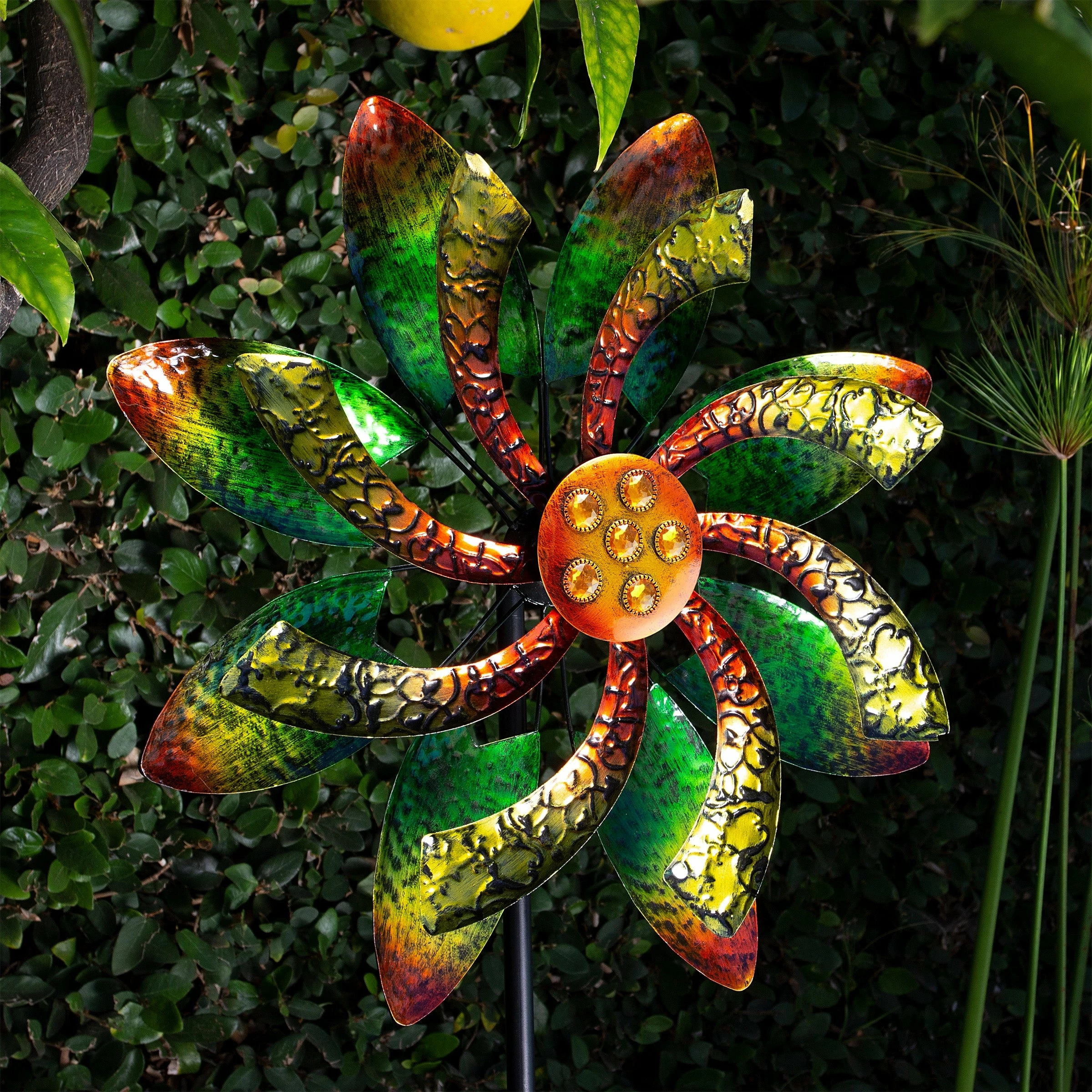Deals β Alpine Corporation 64" Tall Floral Windmill Stake With Jeweled Kinetic Spinner, Green And Orange π