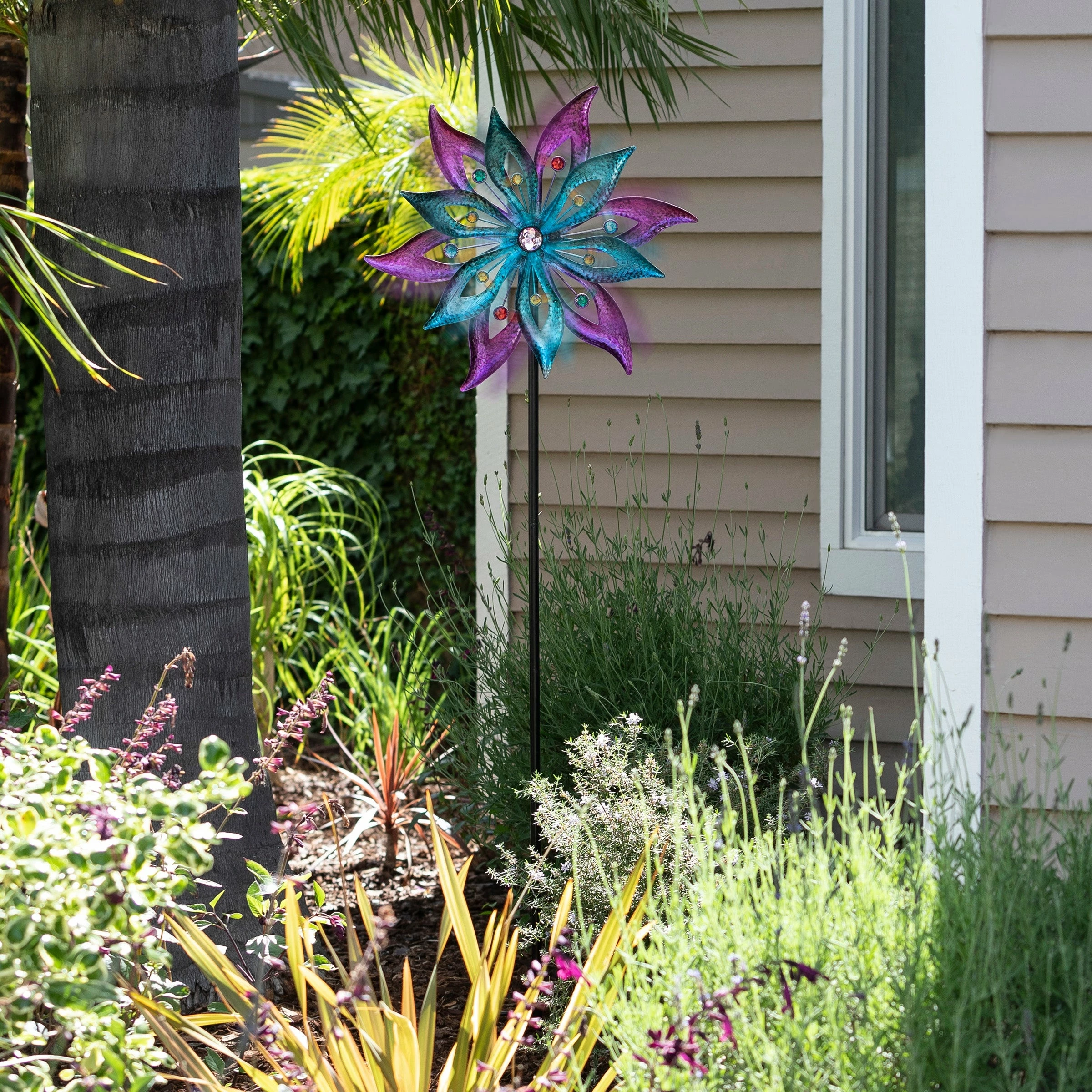 New π Alpine Corporation 64" Tall Outdoor Floral Windmill Stake With Gems Kinetic Spinner, Purple And Aqua π―
