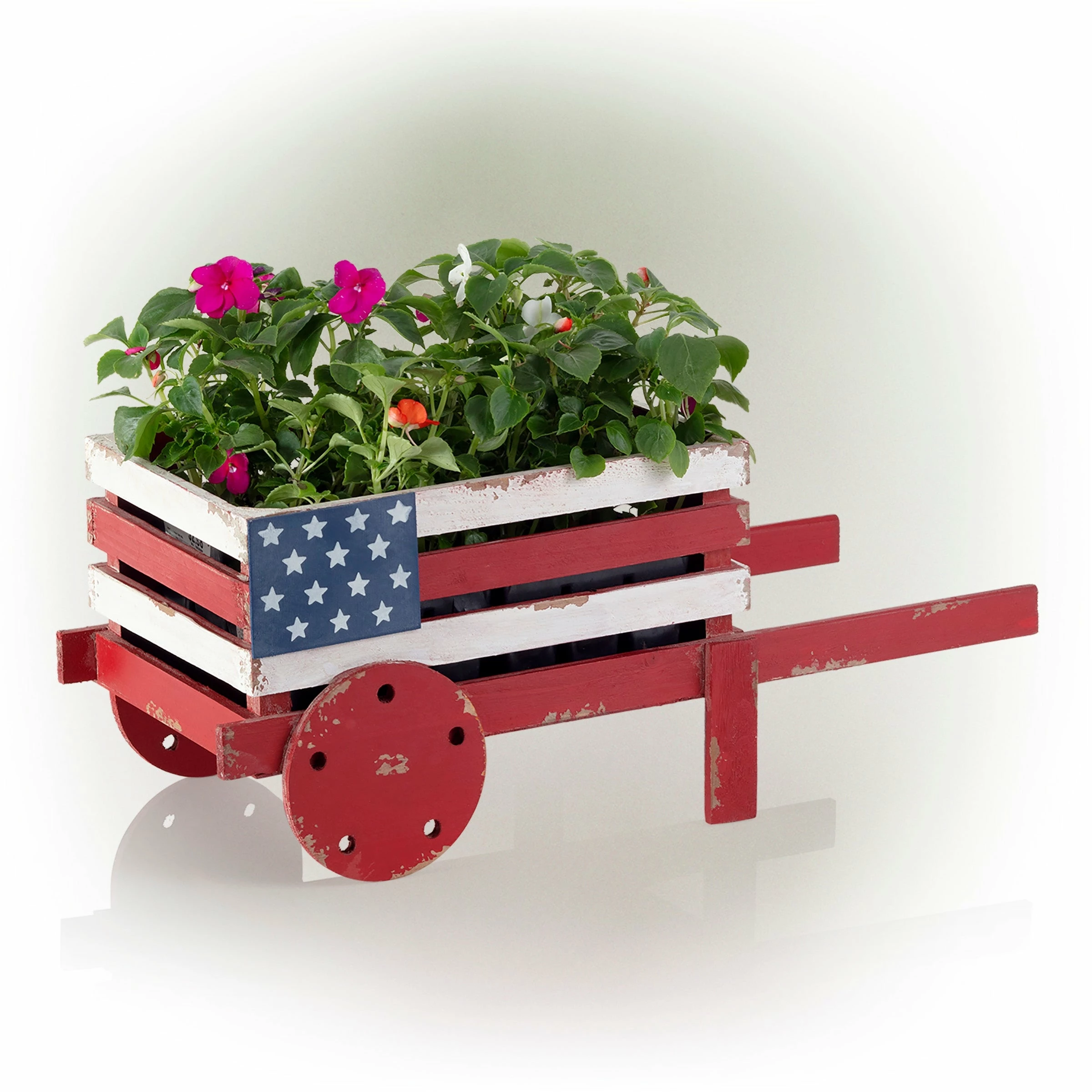 Outlet 𧨠Alpine Corporation 9" Tall Indoor/Outdoor Rustic Wooden American Flag Wheelbarrow Planter βοΈ - Image 9