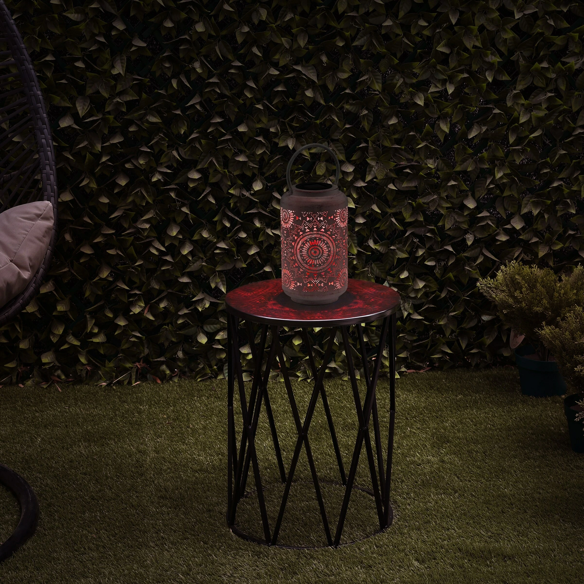 Buy π Alpine Corporation 10"H Outdoor Solar-Powered Lace Cutout Metal Lantern With And Rotating Multicolor LED Lights, Antique White π - Image 4