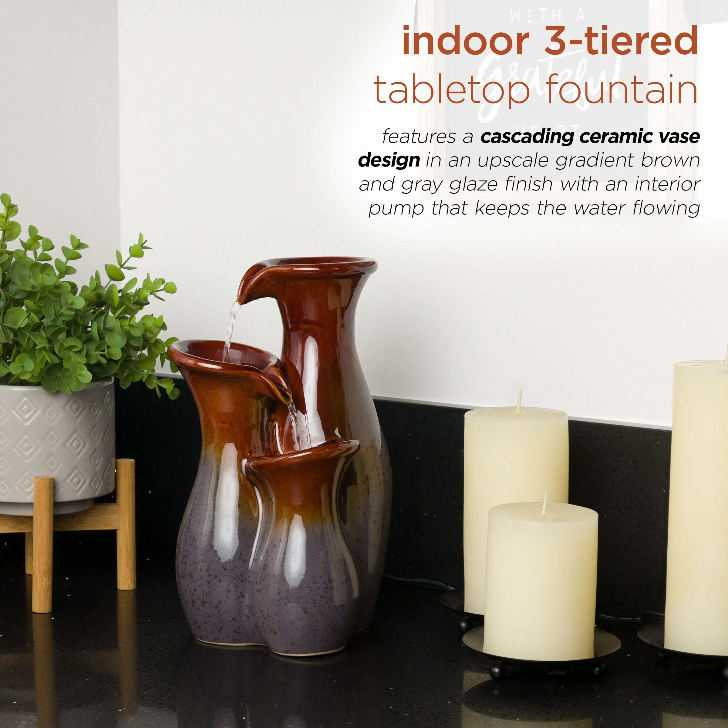 Coupon π― Alpine Corporation 11"H Indoor Tiered Glossy Ceramic Vase Tabletop Fountain, Brown/Gray π - Image 4