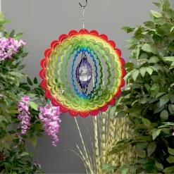 New 🤩 Alpine Corporation 12" Round Outdoor Hanging Rainbow Flower Metal Planet Wind Spinner With Clear Glass Ball ❤️