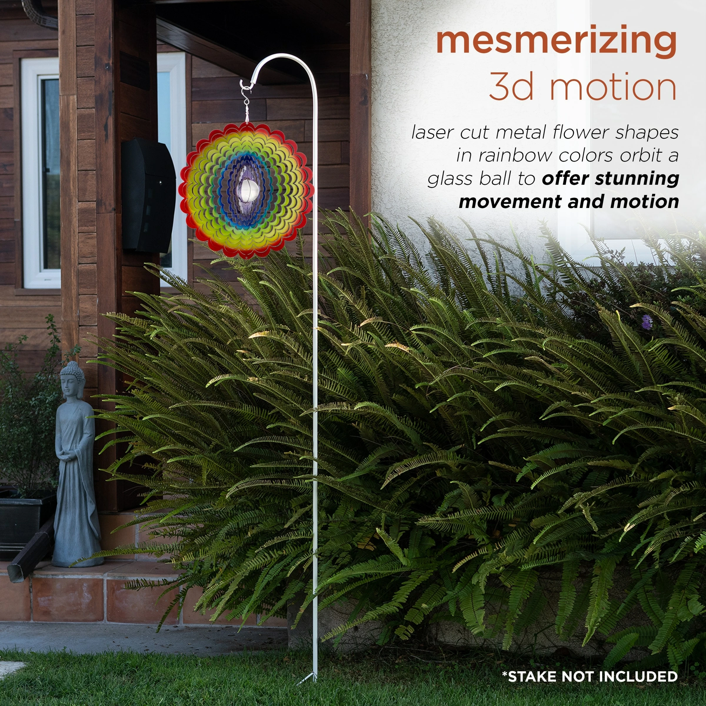 New 🤩 Alpine Corporation 12" Round Outdoor Hanging Rainbow Flower Metal Planet Wind Spinner With Clear Glass Ball ❤️ - Image 4