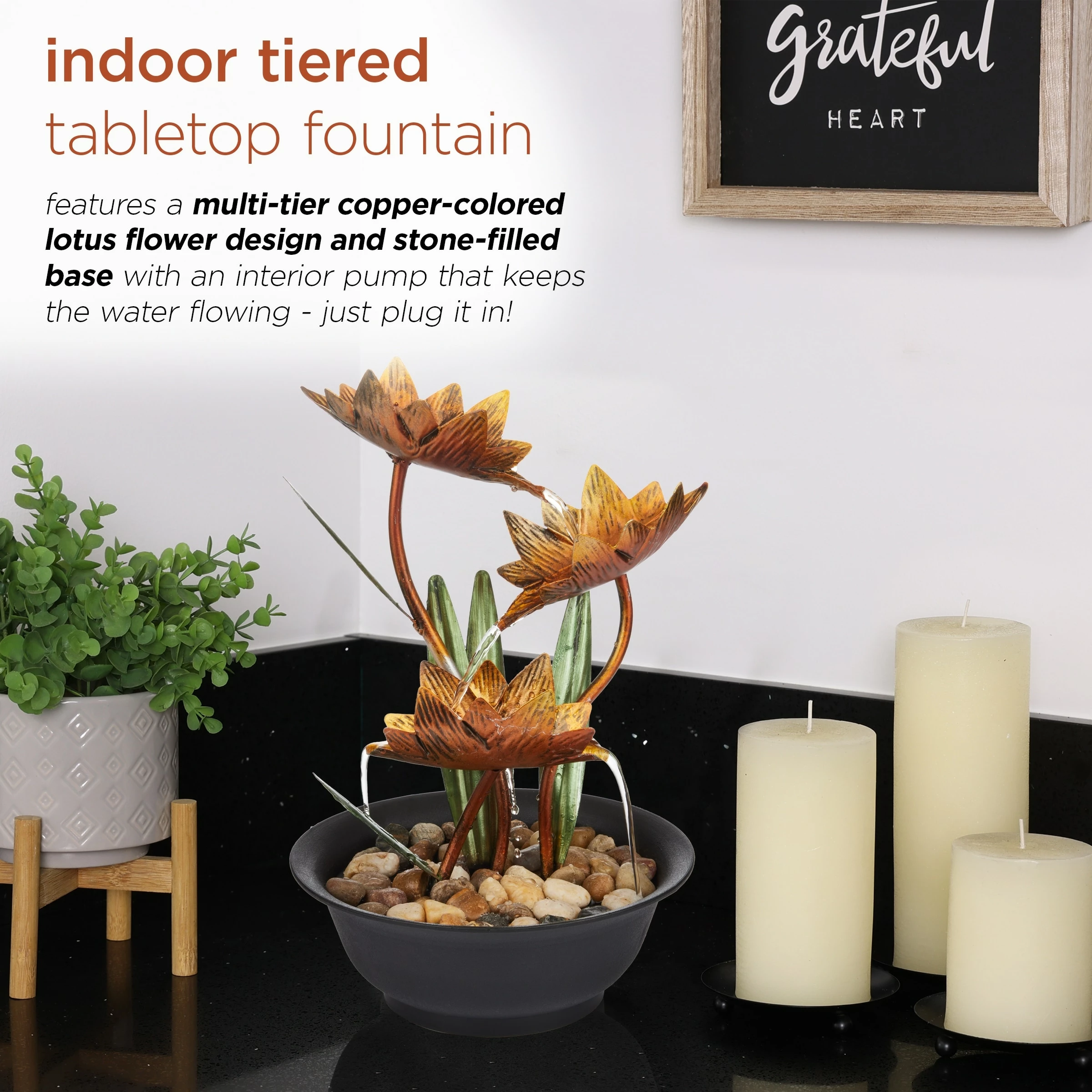 Outlet π Alpine Corporation 13"H Indoor Multi-Tier Metal Lotus Flower Tabletop Fountain With Stone-Filled Base π - Image 4
