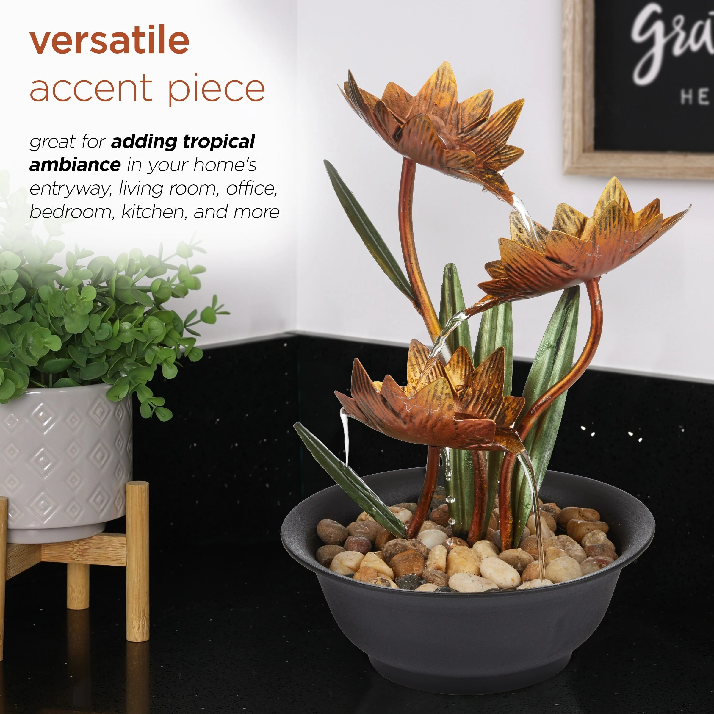 Outlet π Alpine Corporation 13"H Indoor Multi-Tier Metal Lotus Flower Tabletop Fountain With Stone-Filled Base π - Image 5