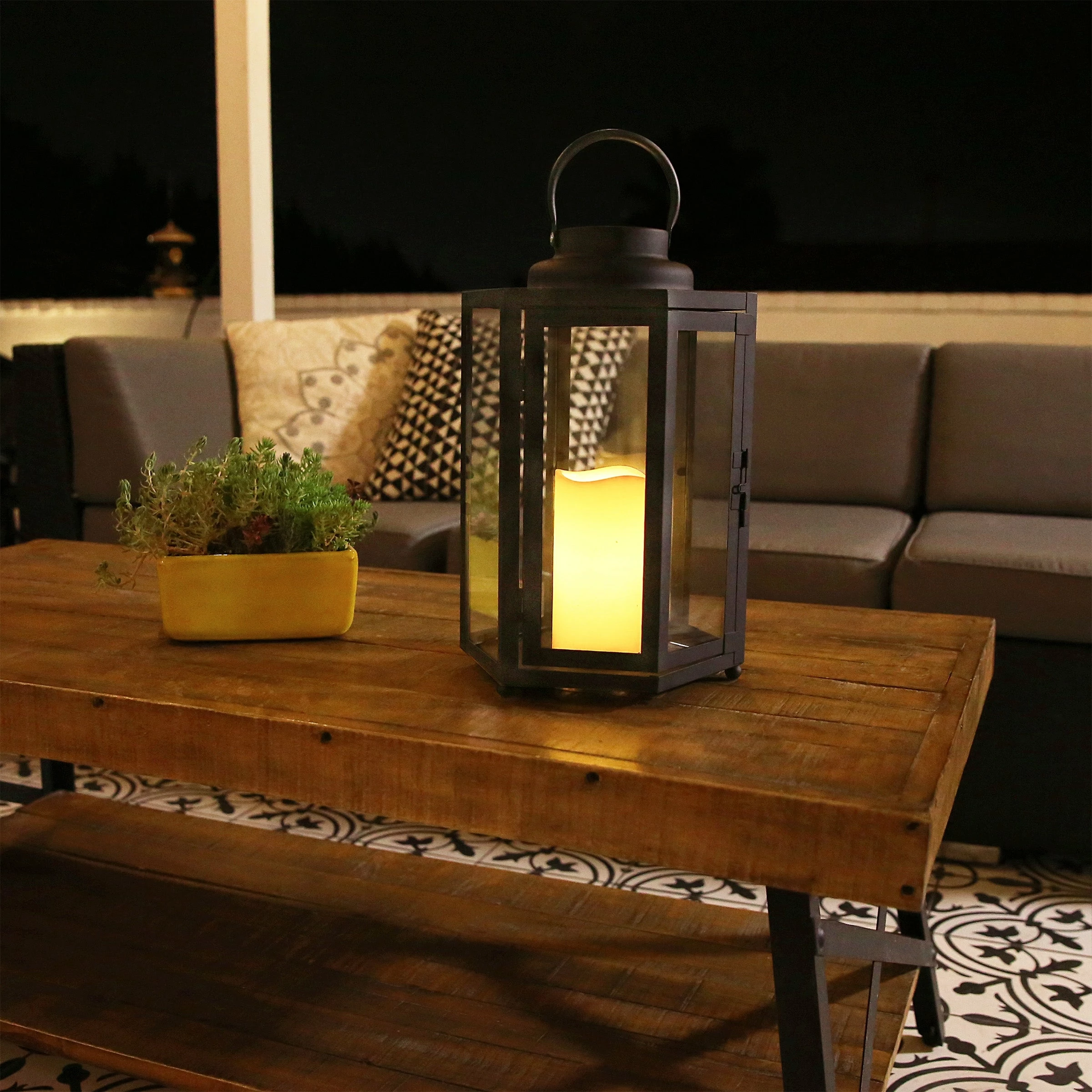New π₯ Alpine Corporation 14" Tall Outdoor Hexagonal Battery-Operated Metal Lantern With LED Lights, Black β - Image 8