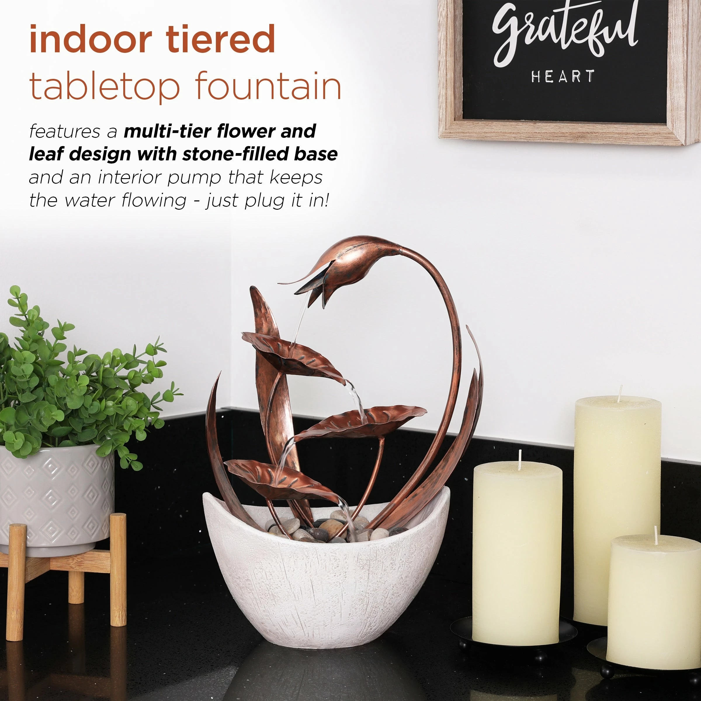 Coupon π Alpine Corporation 15"H Indoor Multi-Tier Metal Floral Leaf Tabletop Fountain With Stone-Filled Base π - Image 4