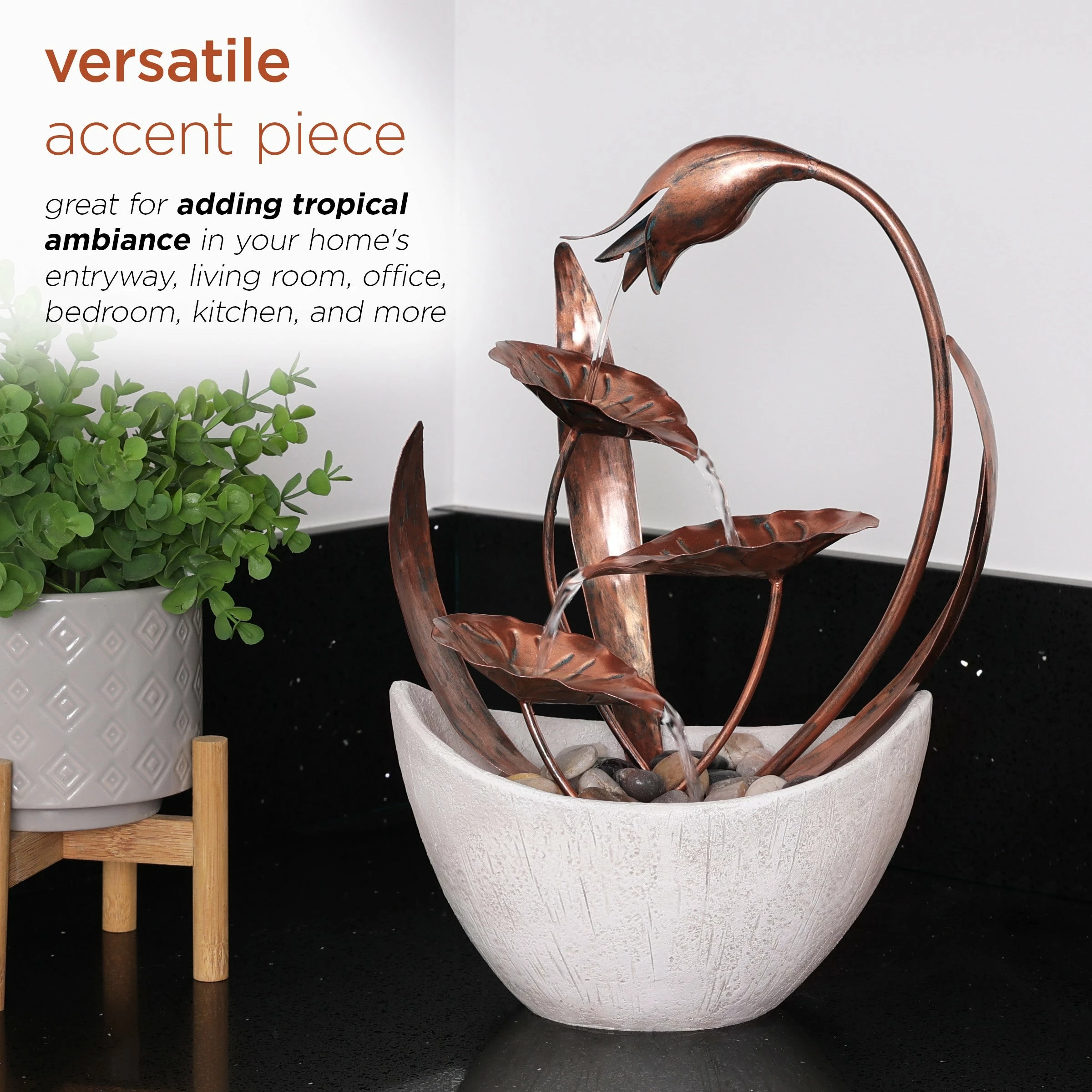 Coupon π Alpine Corporation 15"H Indoor Multi-Tier Metal Floral Leaf Tabletop Fountain With Stone-Filled Base π - Image 5