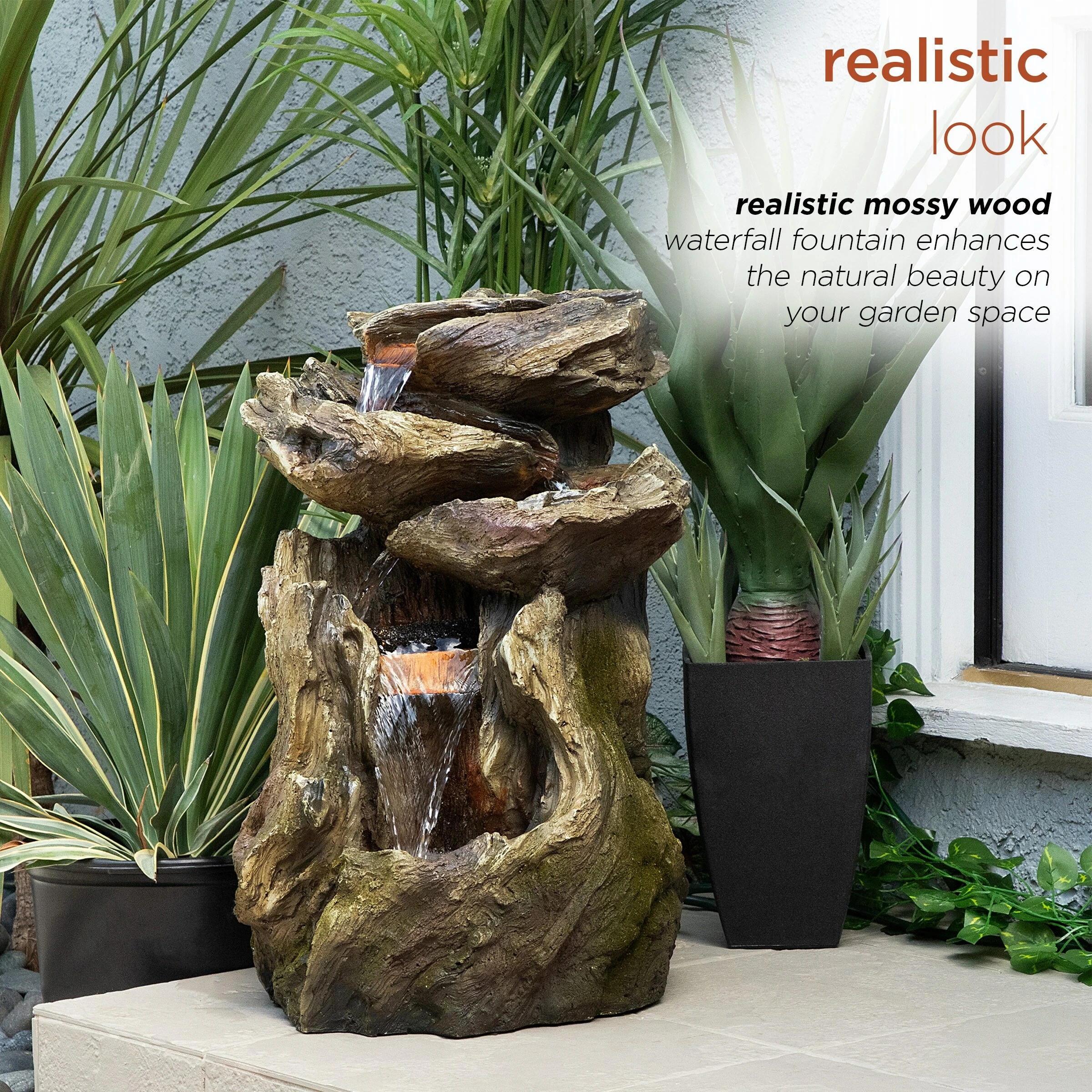 Buy π Alpine Corporation 22" Tall Outdoor Four-Tier Rainforest Log Waterfall Fountain With LED Lights π― - Image 4