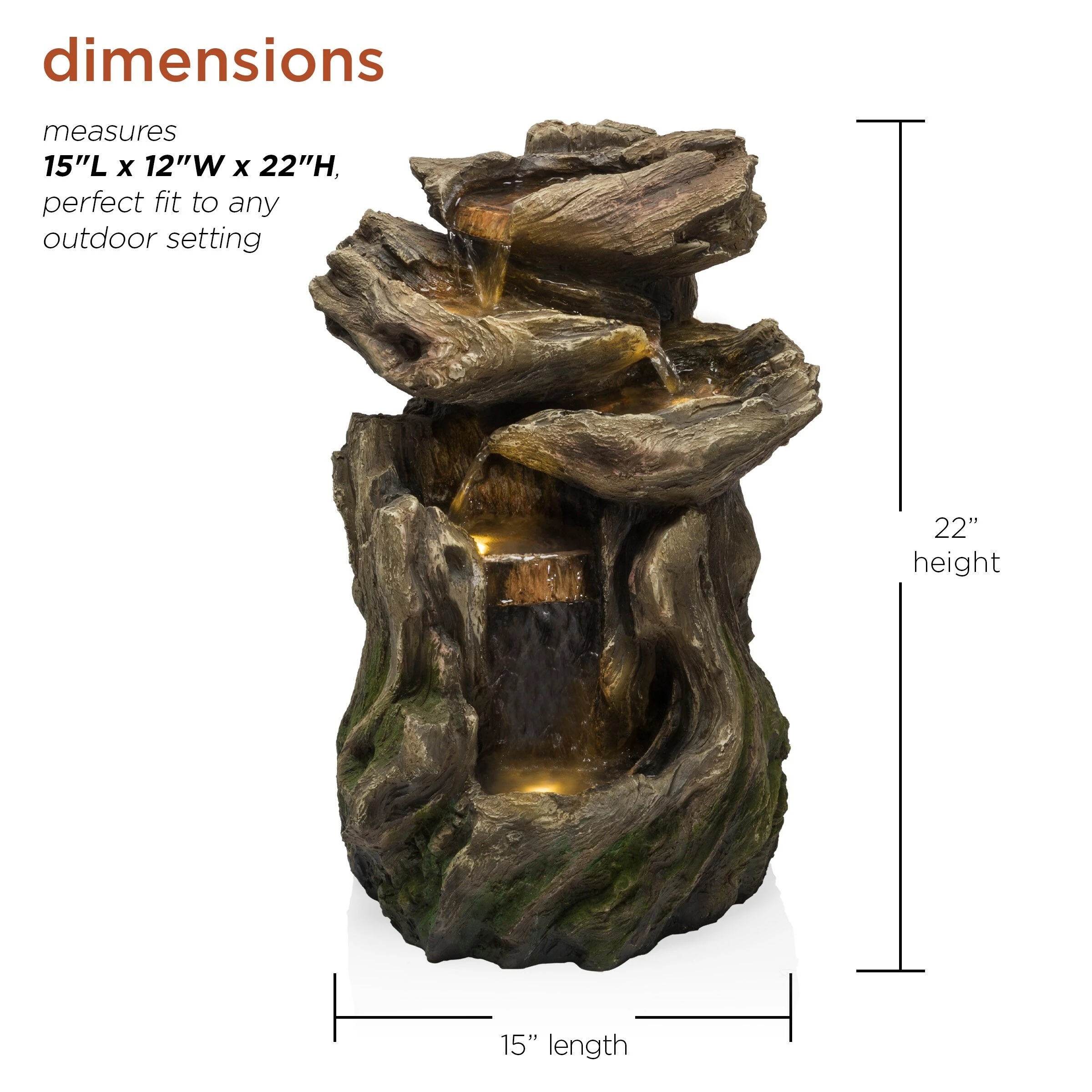 Buy π Alpine Corporation 22" Tall Outdoor Four-Tier Rainforest Log Waterfall Fountain With LED Lights π― - Image 3