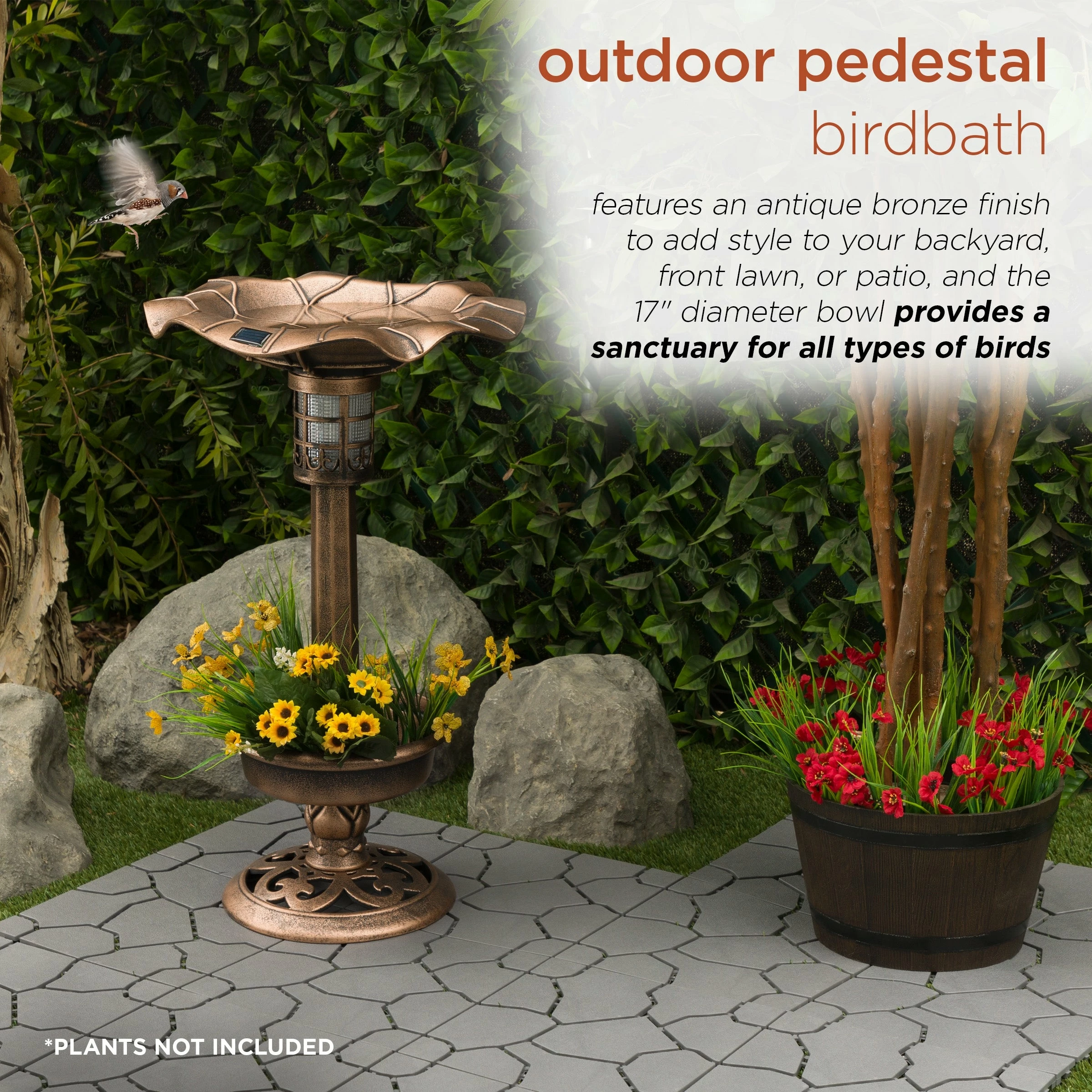 Budget π Alpine Corporation 29"H Outdoor Pedestal Birdbath With Planter Base And Solar-Powered LED Lights, Bronze 𧨠- Image 4