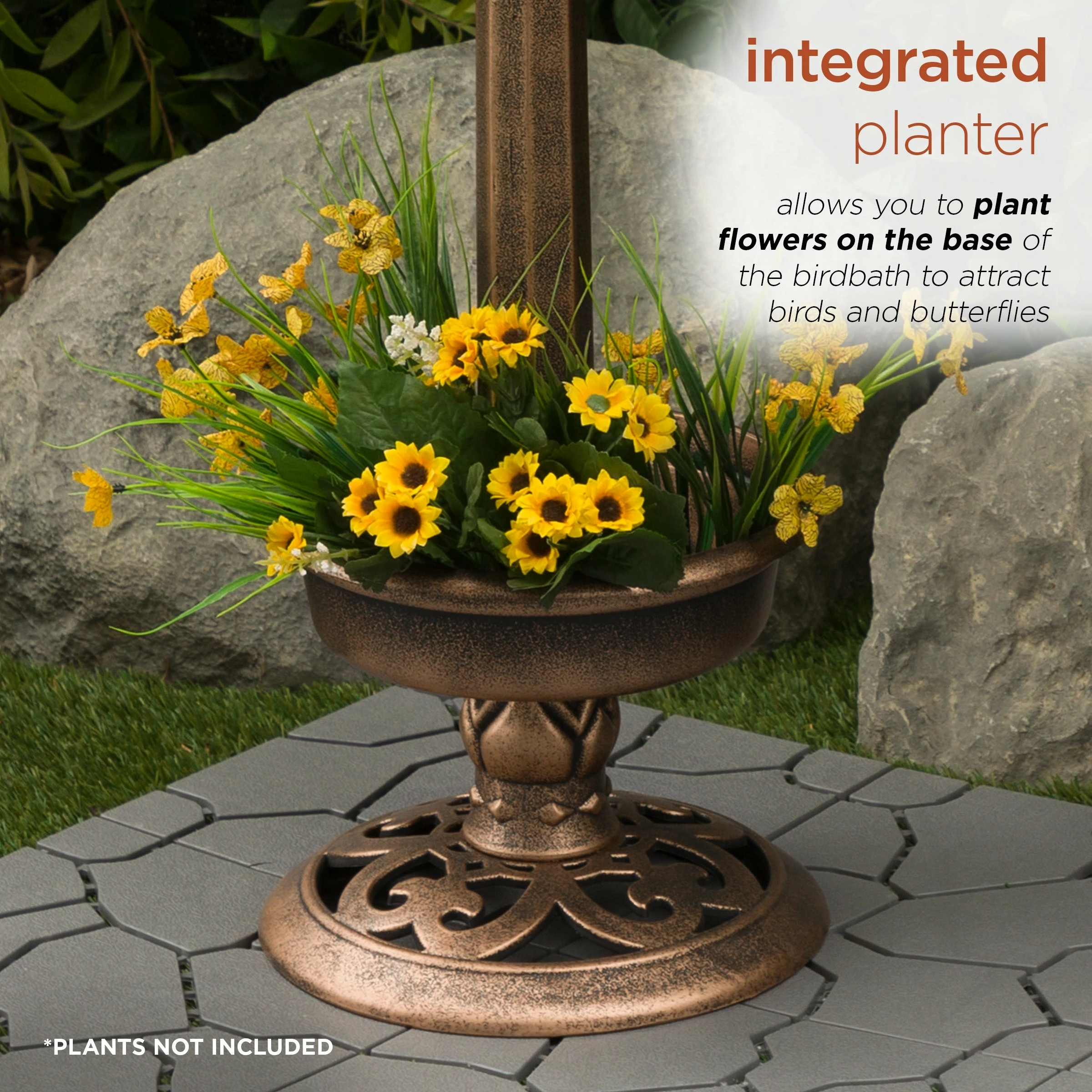 Budget π Alpine Corporation 29"H Outdoor Pedestal Birdbath With Planter Base And Solar-Powered LED Lights, Bronze 𧨠- Image 6