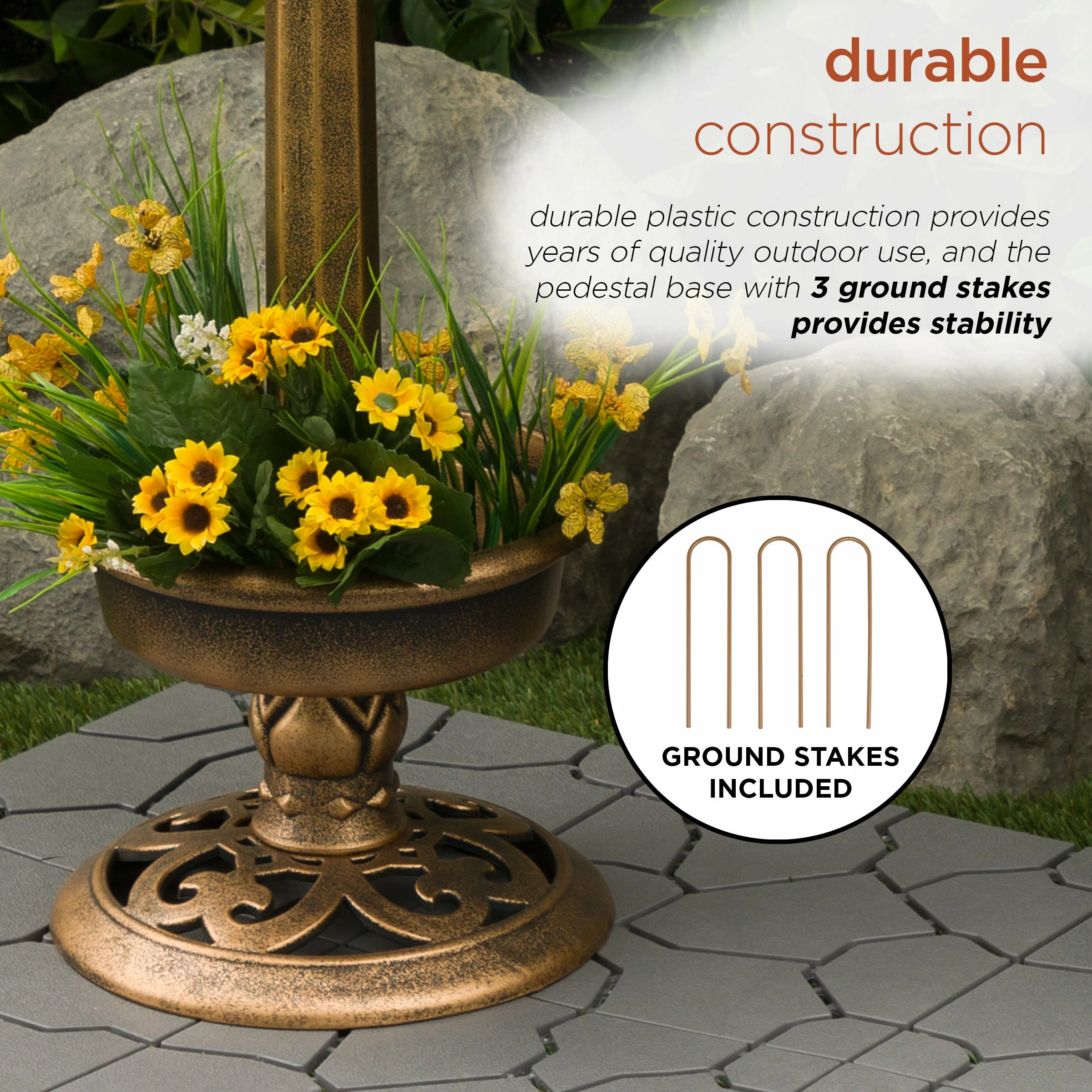 Budget π Alpine Corporation 29"H Outdoor Pedestal Birdbath With Planter Base And Solar-Powered LED Lights, Bronze 𧨠- Image 7