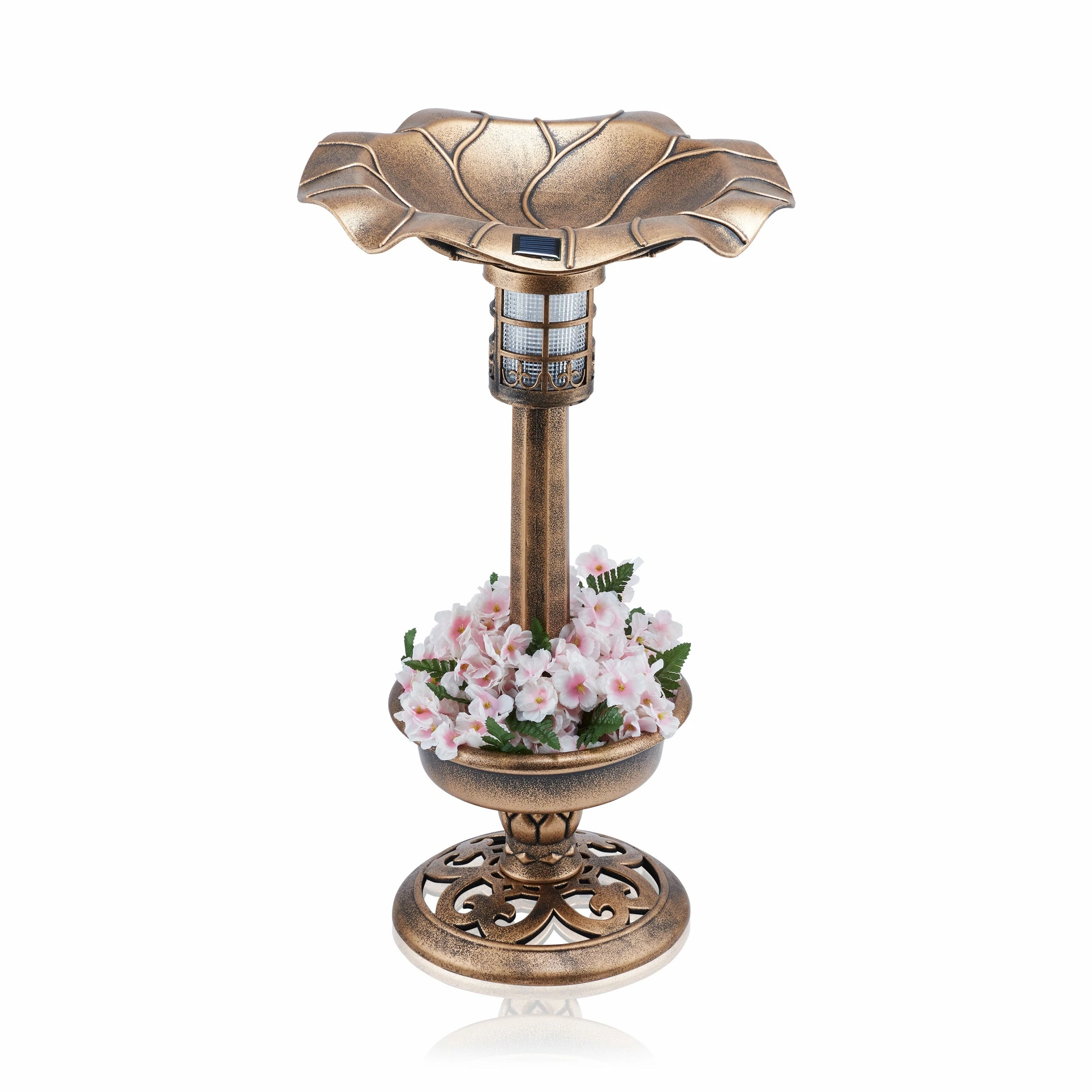 Budget π Alpine Corporation 29"H Outdoor Pedestal Birdbath With Planter Base And Solar-Powered LED Lights, Bronze 𧨠- Image 9