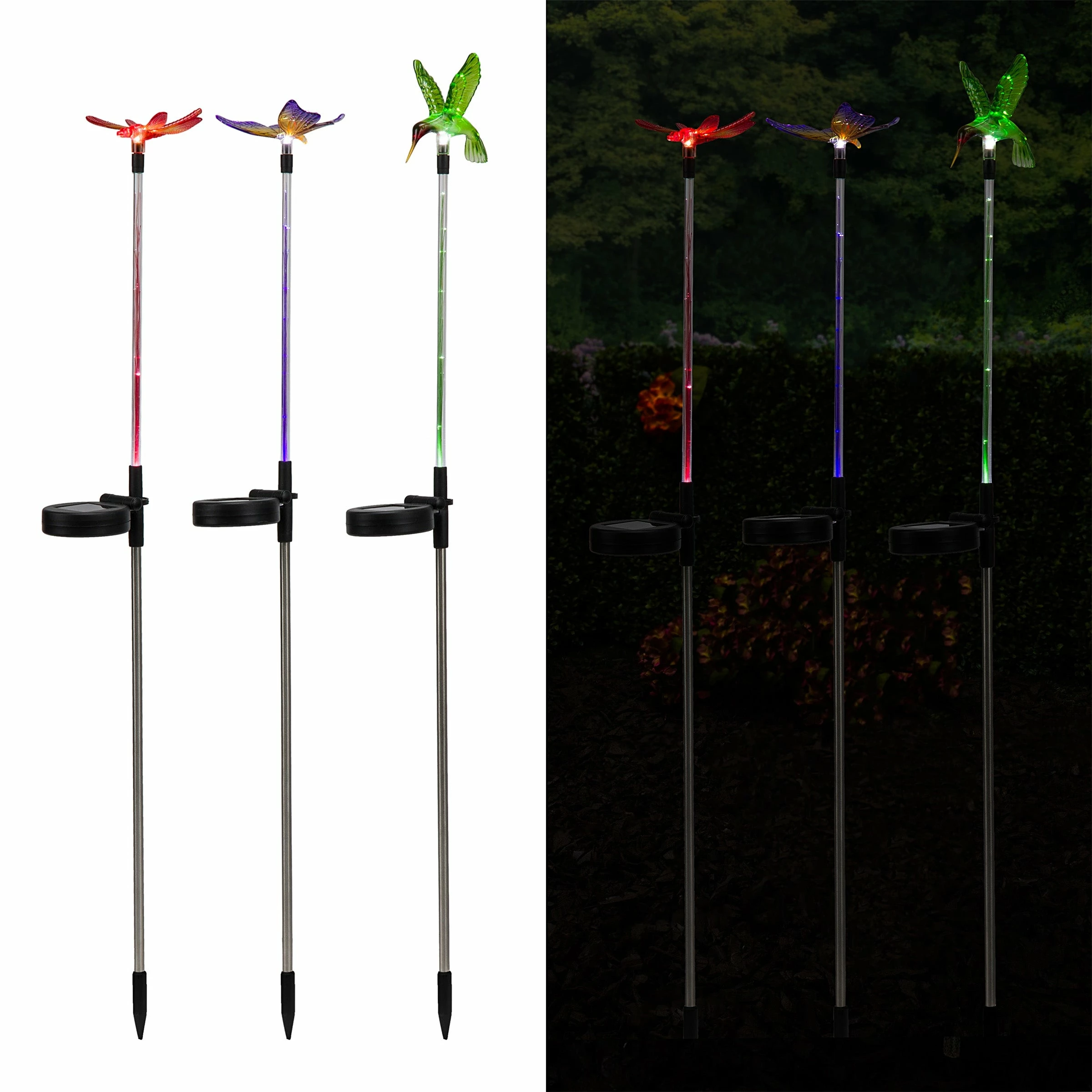 New 𧨠Alpine Corporation 33" Tall Butterfly, Hummingbird, Dragonfly Solar Fiber Optic LED Pathway Light Garden Stakes (Set Of 3) π - Image 2