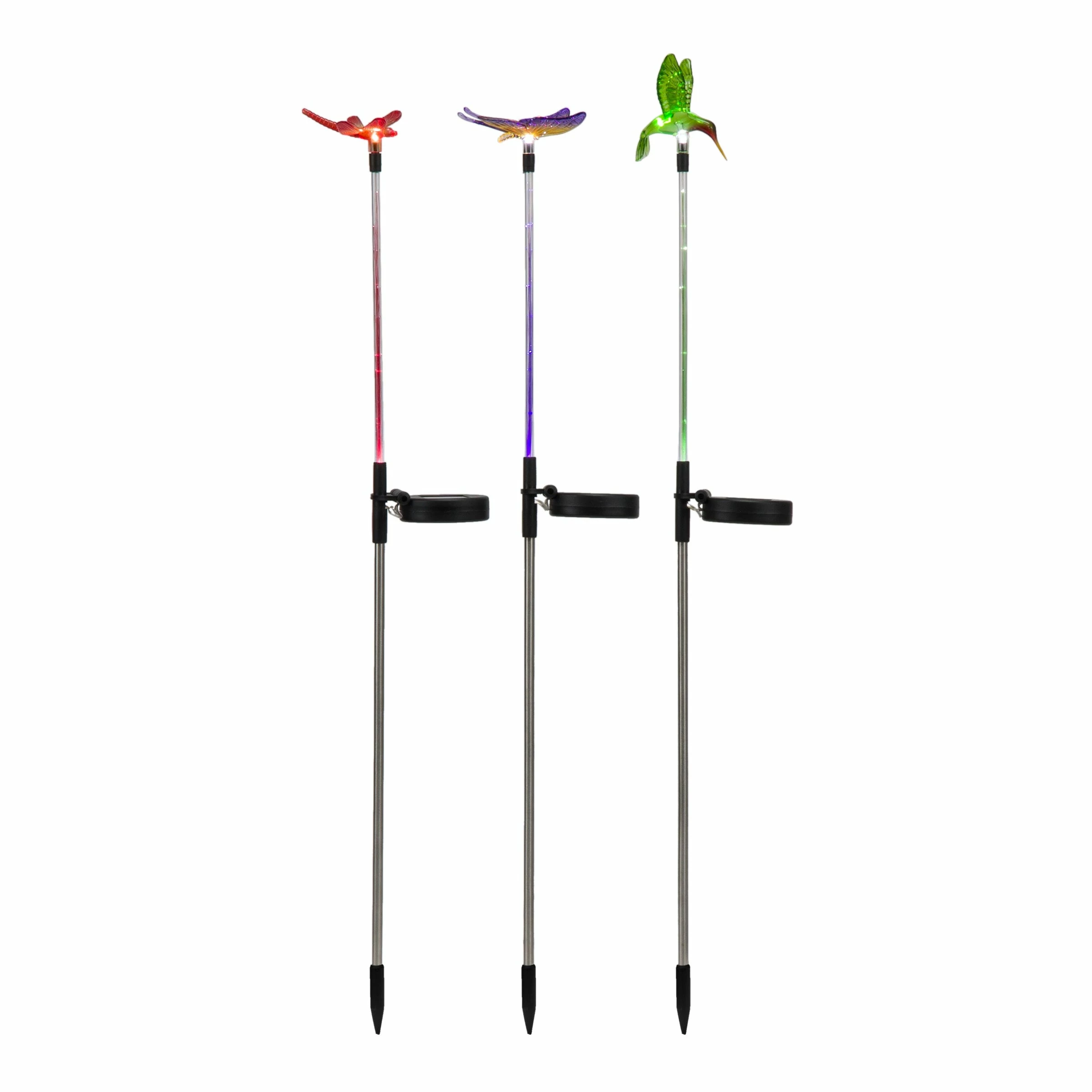 New 𧨠Alpine Corporation 33" Tall Butterfly, Hummingbird, Dragonfly Solar Fiber Optic LED Pathway Light Garden Stakes (Set Of 3) π - Image 11