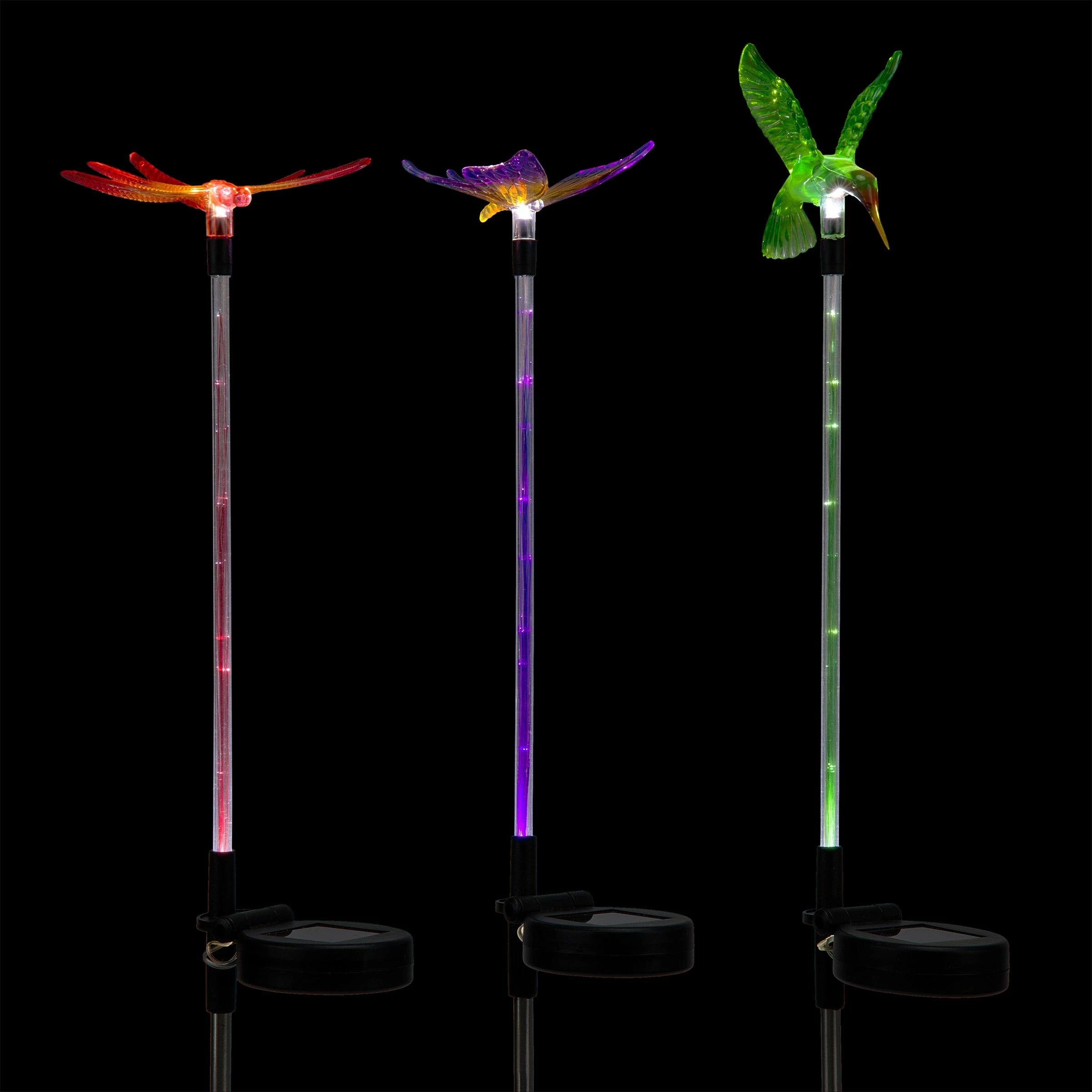 New 𧨠Alpine Corporation 33" Tall Butterfly, Hummingbird, Dragonfly Solar Fiber Optic LED Pathway Light Garden Stakes (Set Of 3) π - Image 12