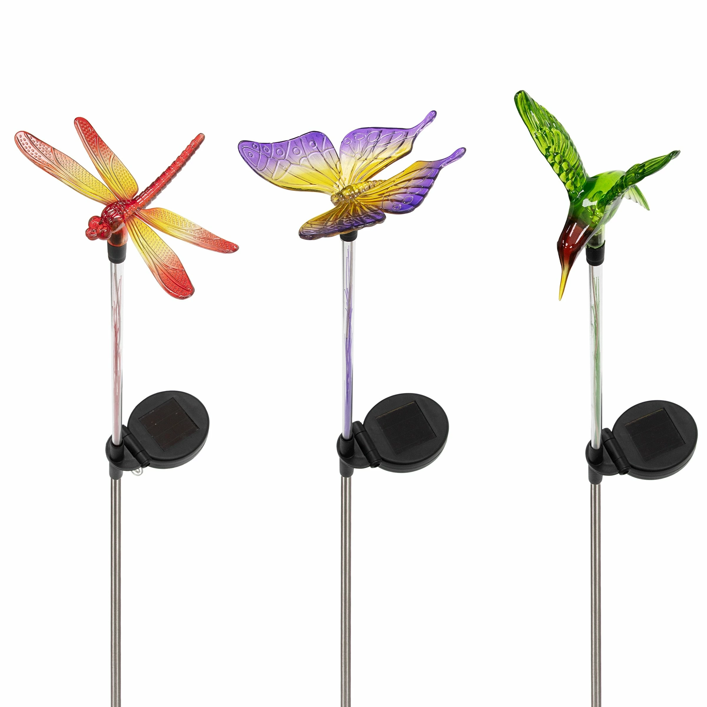 New 𧨠Alpine Corporation 33" Tall Butterfly, Hummingbird, Dragonfly Solar Fiber Optic LED Pathway Light Garden Stakes (Set Of 3) π - Image 13