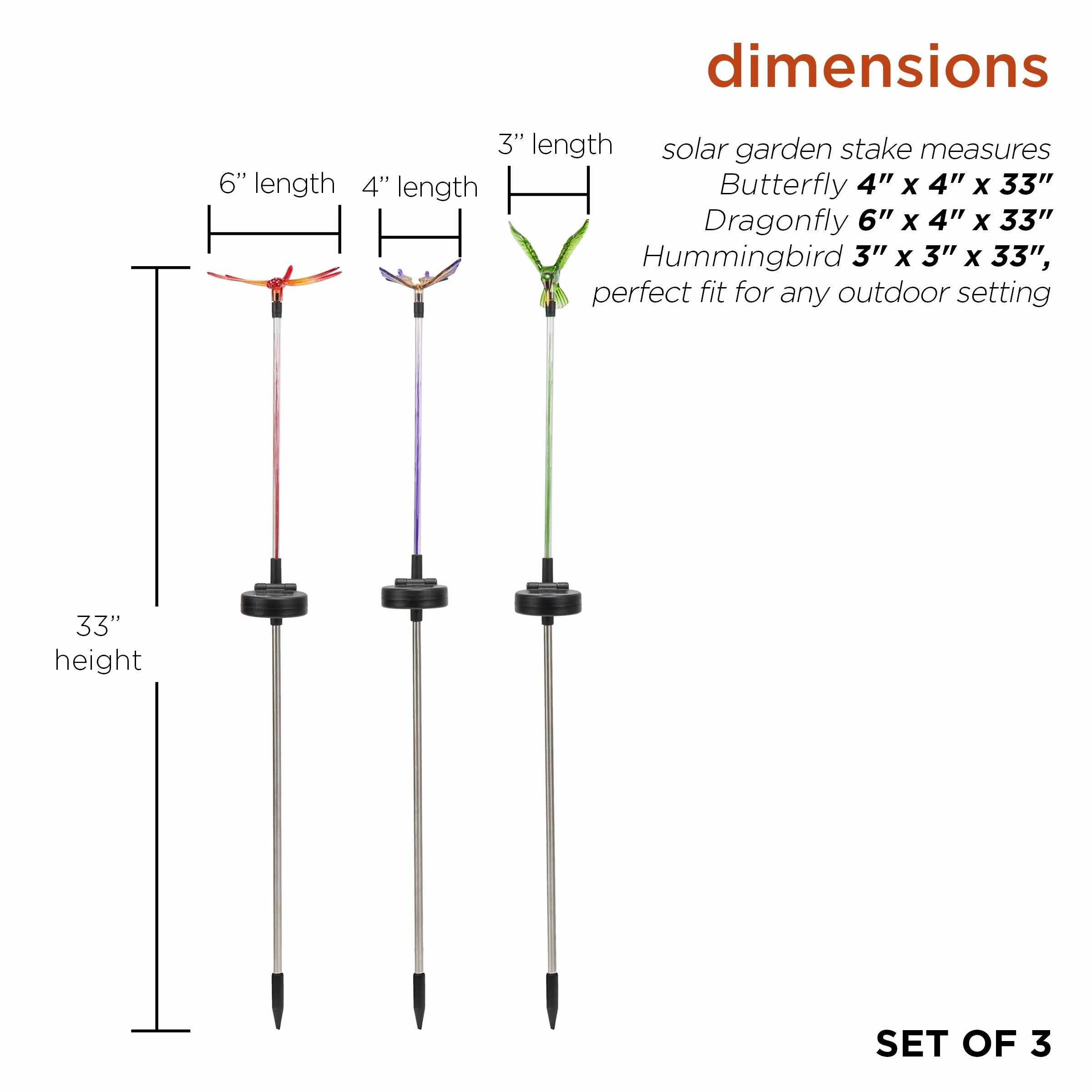 New 𧨠Alpine Corporation 33" Tall Butterfly, Hummingbird, Dragonfly Solar Fiber Optic LED Pathway Light Garden Stakes (Set Of 3) π - Image 3