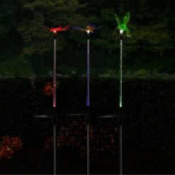 New 𧨠Alpine Corporation 33" Tall Butterfly, Hummingbird, Dragonfly Solar Fiber Optic LED Pathway Light Garden Stakes (Set Of 3) π