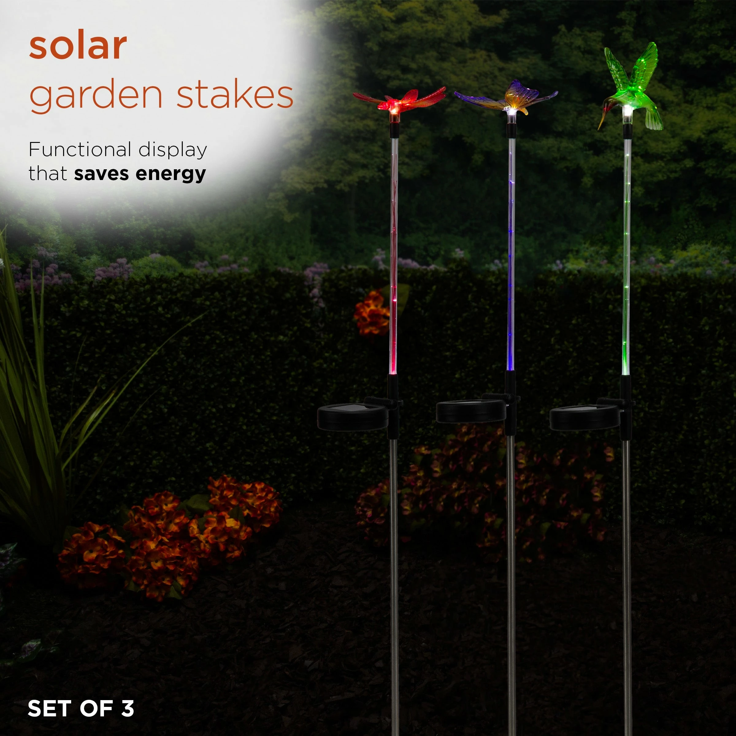 New 𧨠Alpine Corporation 33" Tall Butterfly, Hummingbird, Dragonfly Solar Fiber Optic LED Pathway Light Garden Stakes (Set Of 3) π - Image 4