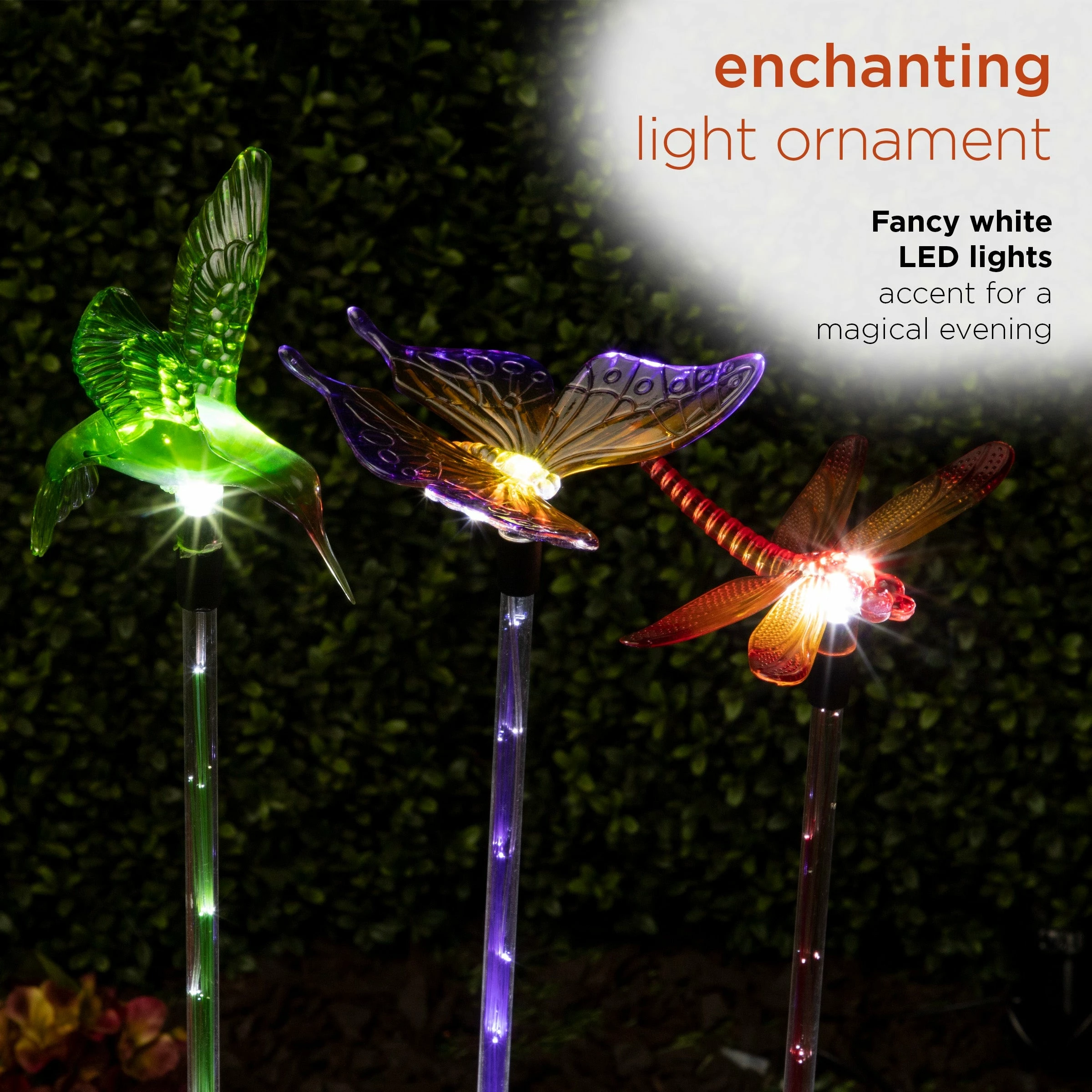 New 𧨠Alpine Corporation 33" Tall Butterfly, Hummingbird, Dragonfly Solar Fiber Optic LED Pathway Light Garden Stakes (Set Of 3) π - Image 5