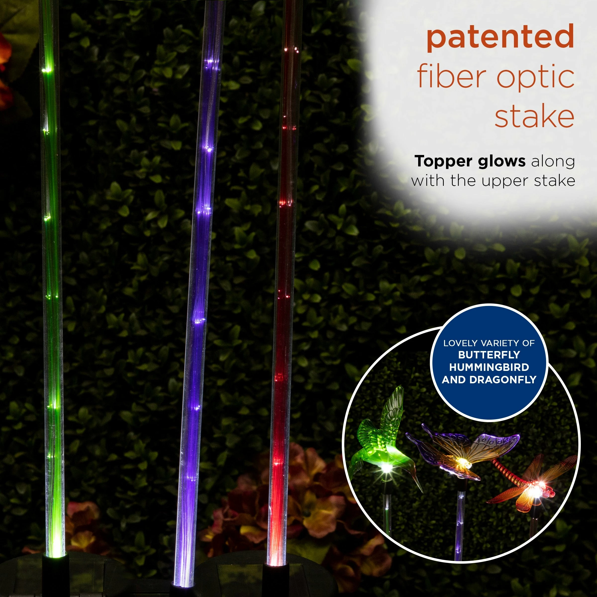 New 𧨠Alpine Corporation 33" Tall Butterfly, Hummingbird, Dragonfly Solar Fiber Optic LED Pathway Light Garden Stakes (Set Of 3) π - Image 6