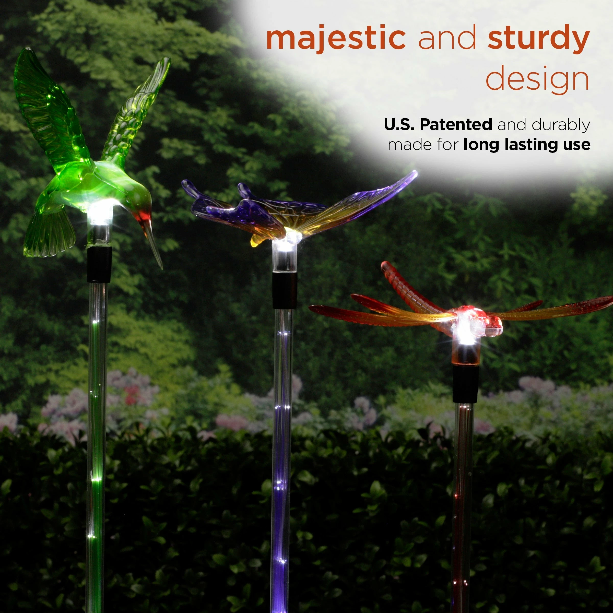 New 𧨠Alpine Corporation 33" Tall Butterfly, Hummingbird, Dragonfly Solar Fiber Optic LED Pathway Light Garden Stakes (Set Of 3) π - Image 7