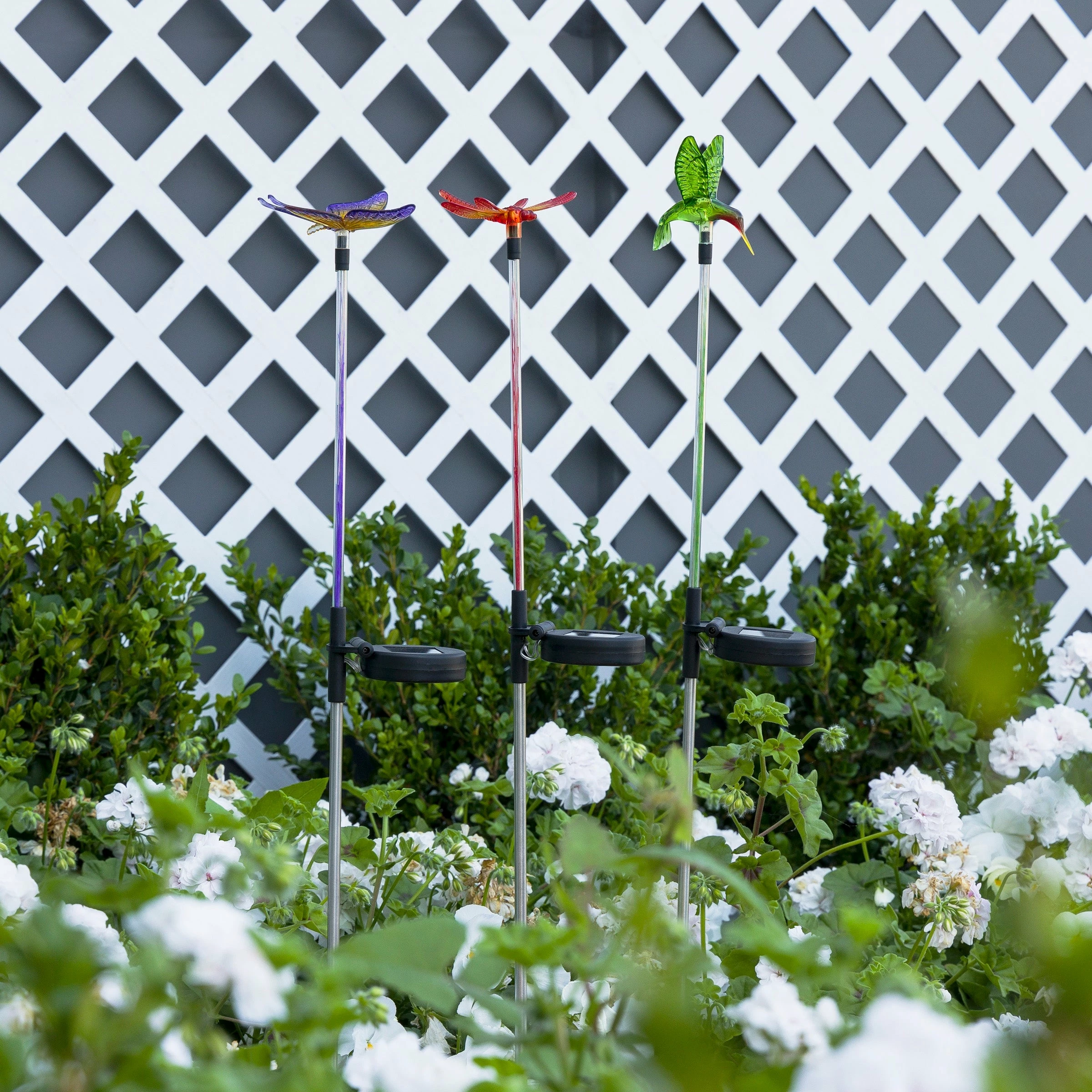 New 𧨠Alpine Corporation 33" Tall Butterfly, Hummingbird, Dragonfly Solar Fiber Optic LED Pathway Light Garden Stakes (Set Of 3) π - Image 8