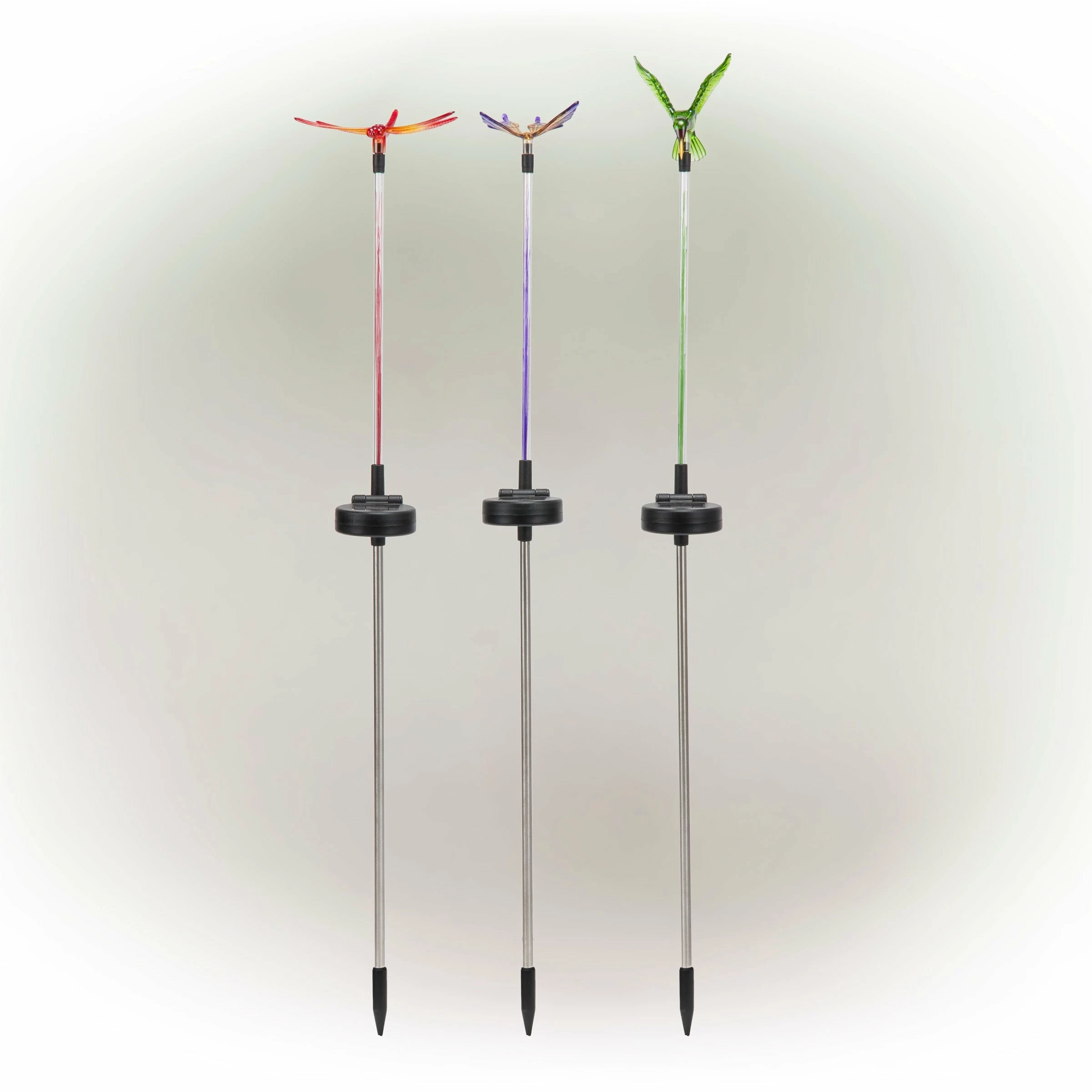 New 𧨠Alpine Corporation 33" Tall Butterfly, Hummingbird, Dragonfly Solar Fiber Optic LED Pathway Light Garden Stakes (Set Of 3) π - Image 9