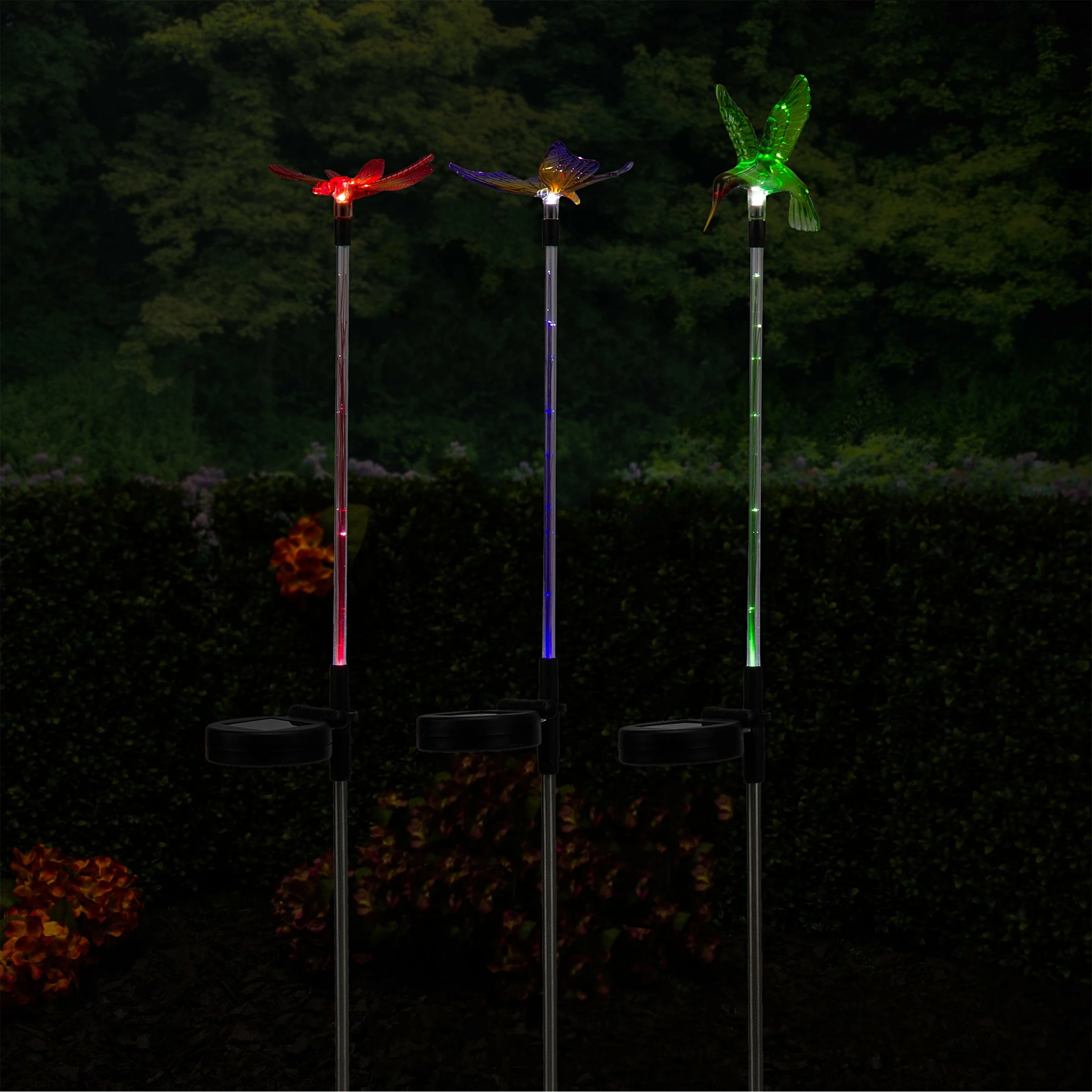 New 𧨠Alpine Corporation 33" Tall Butterfly, Hummingbird, Dragonfly Solar Fiber Optic LED Pathway Light Garden Stakes (Set Of 3) π