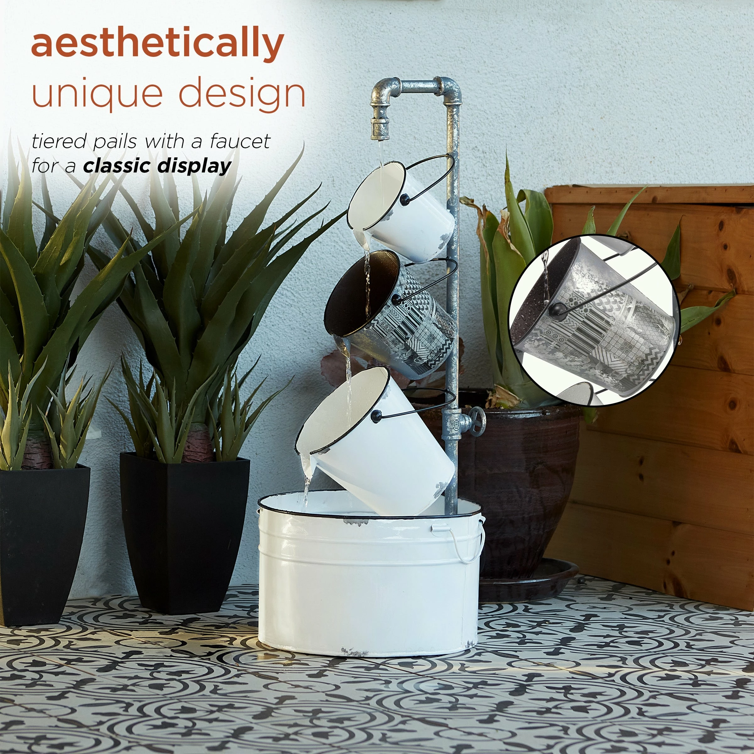 Promo β Alpine Corporation 33" Tall Rustic Metal Pails Fountain Yard Decoration, White π - Image 4