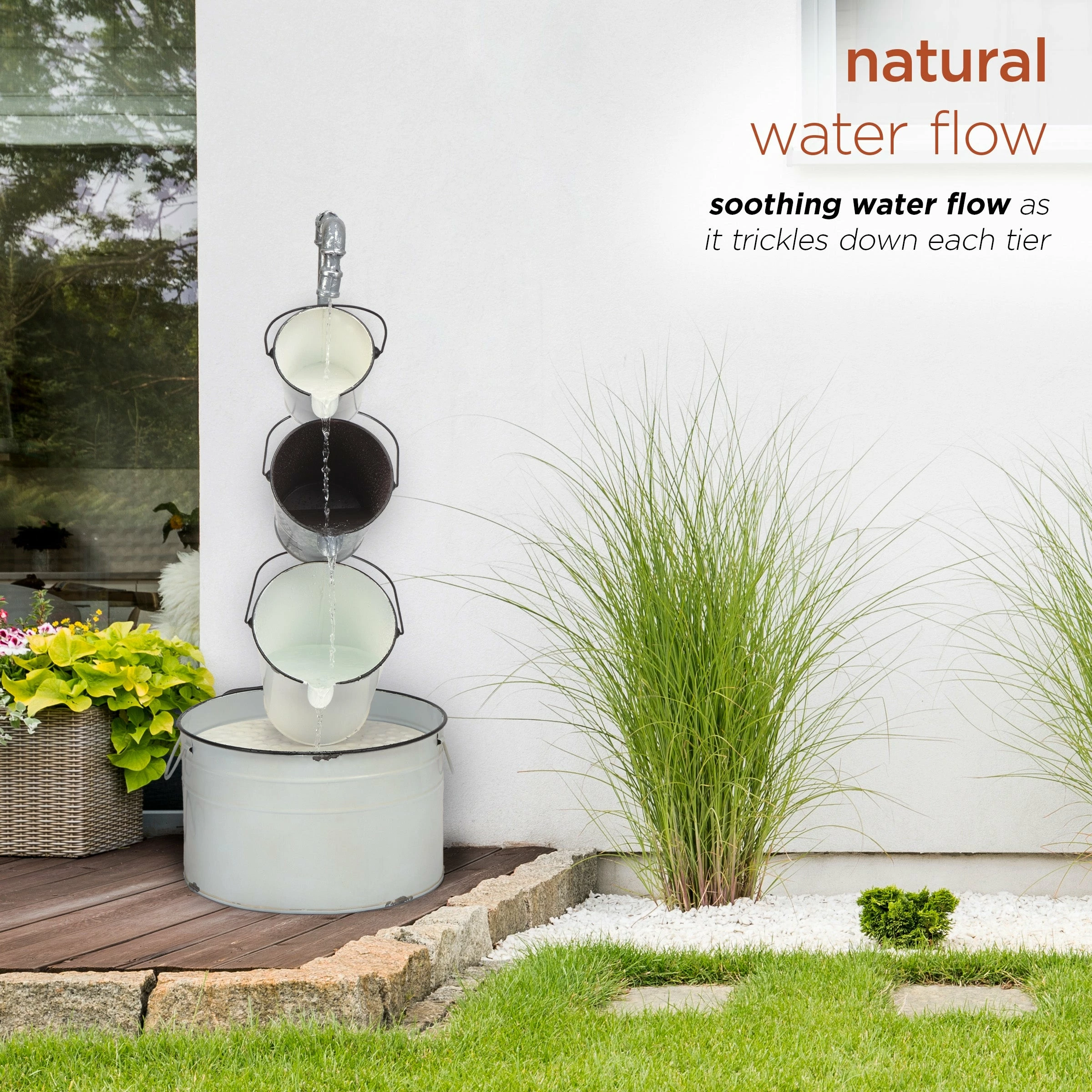 Promo β Alpine Corporation 33" Tall Rustic Metal Pails Fountain Yard Decoration, White π - Image 6