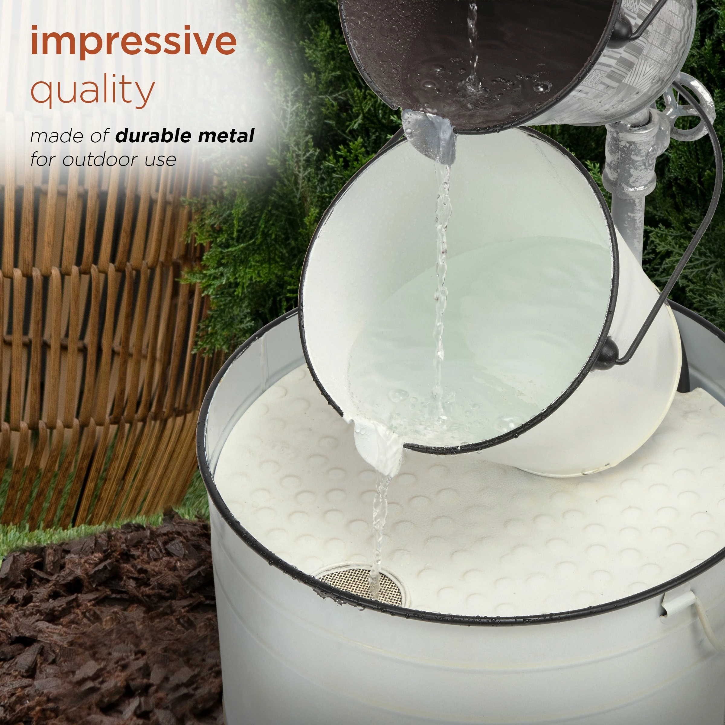 Promo β Alpine Corporation 33" Tall Rustic Metal Pails Fountain Yard Decoration, White π - Image 7