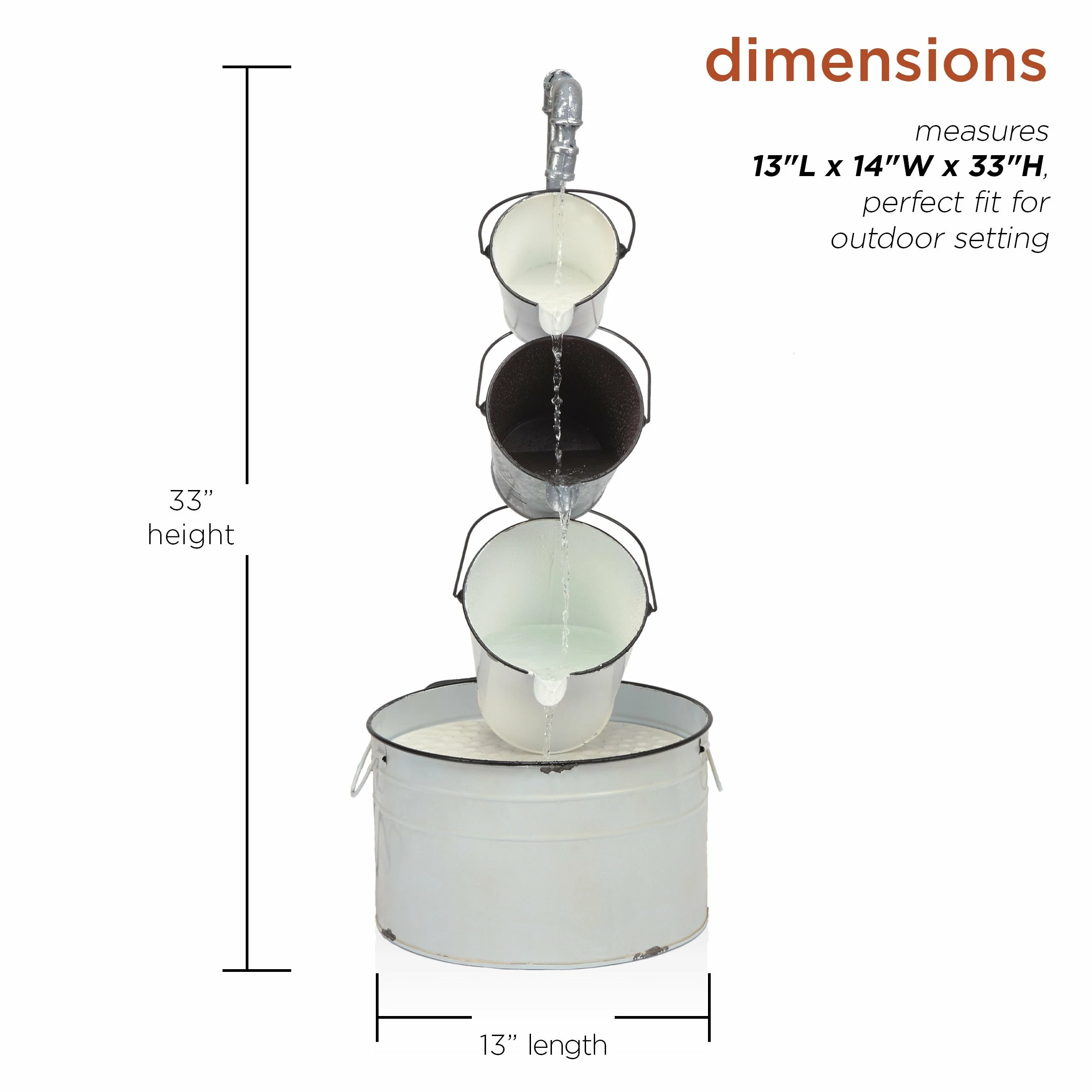 Promo β Alpine Corporation 33" Tall Rustic Metal Pails Fountain Yard Decoration, White π - Image 3