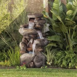 Budget π Alpine Corporation 40" Tall Outdoor 4-Tier Rock Water Fountain With LED Lights π
