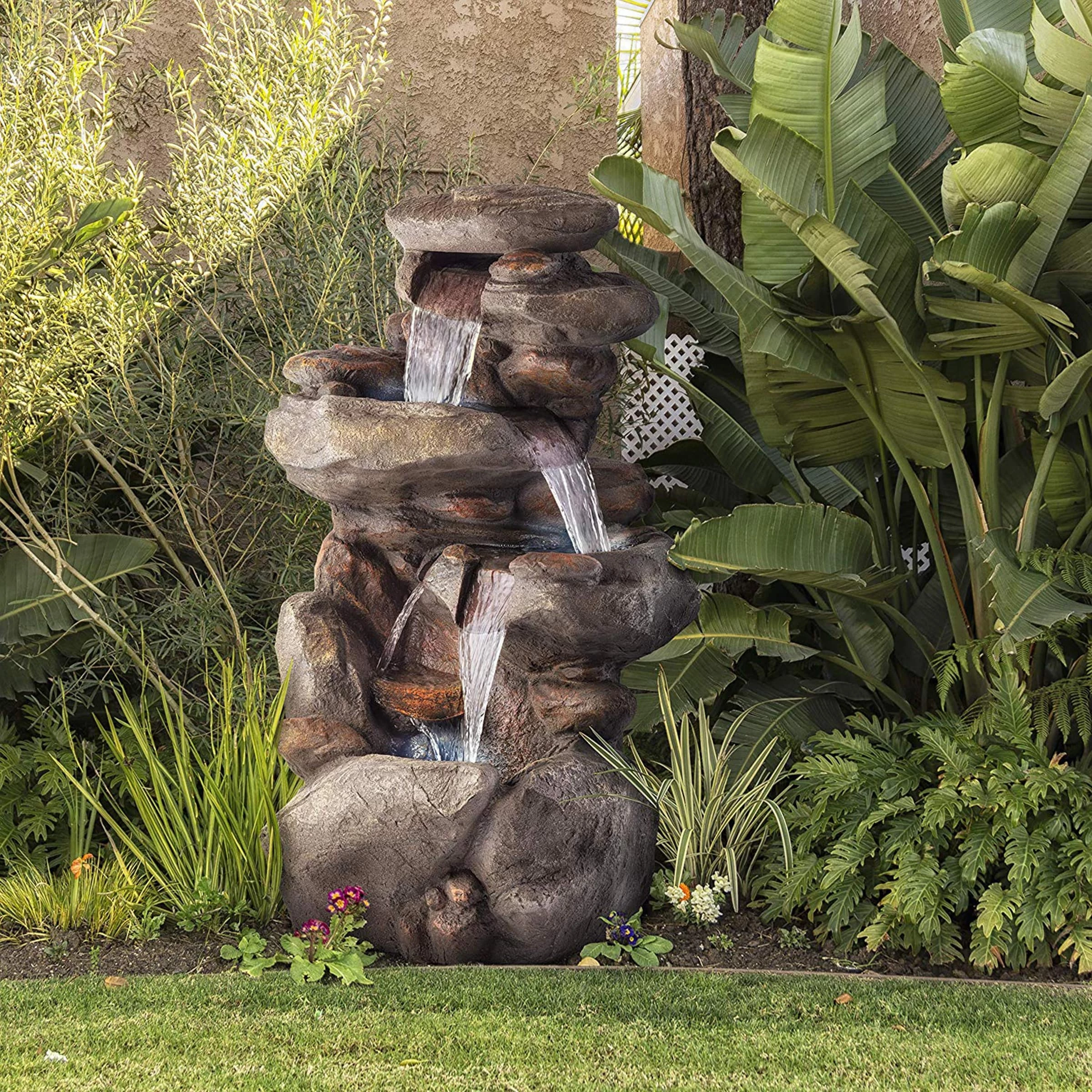 Budget π Alpine Corporation 40" Tall Outdoor 4-Tier Rock Water Fountain With LED Lights π