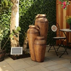 Budget 𧨠Alpine Corporation 43"H Solar 3-Tier Cascading Vase Fountain Yard Decoration With LED Lights, Brown π