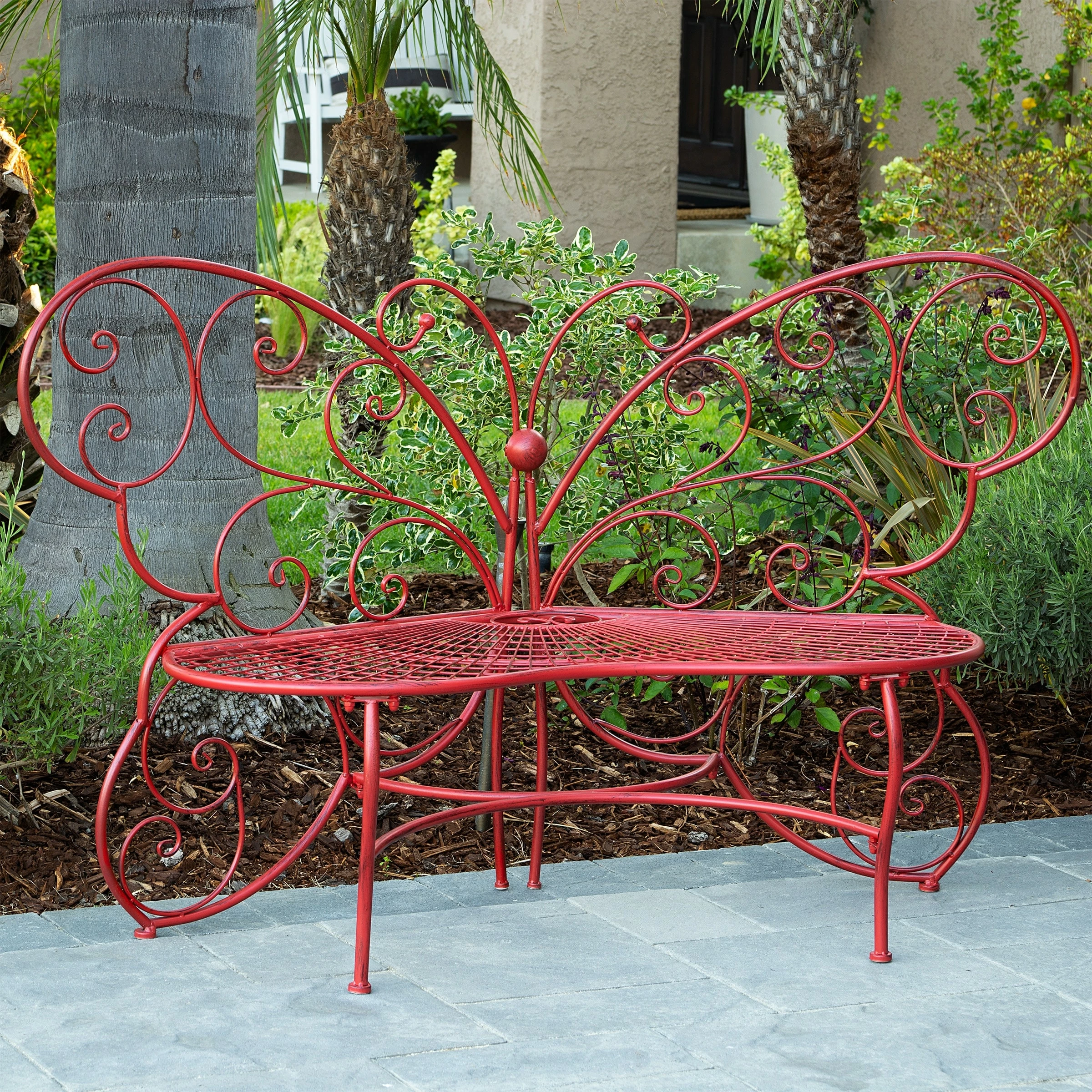 Promo 𧨠Alpine Corporation 62" X 26" Outdoor 2 Person Metal Butterfly Shaped Garden Bench Blue βοΈ