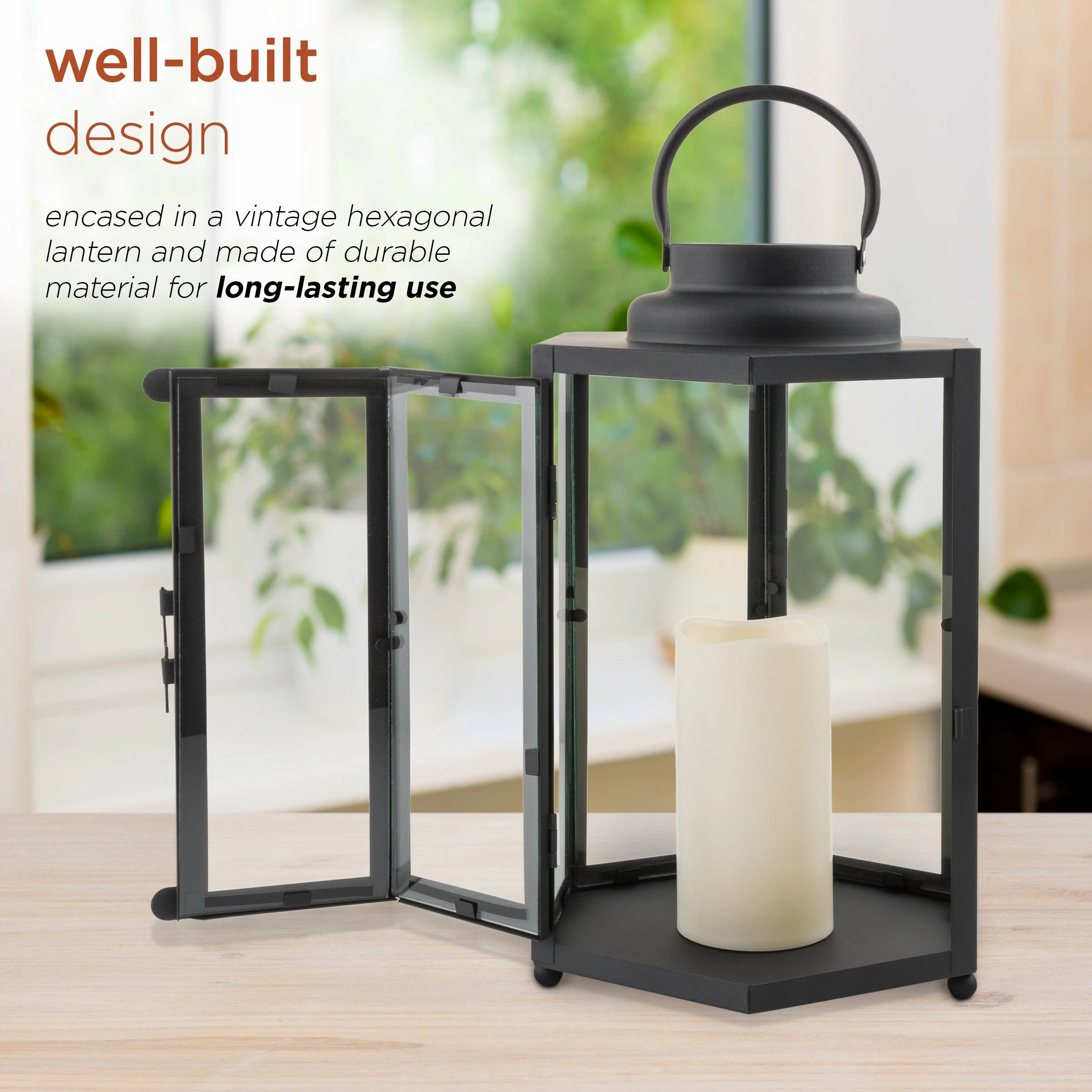 New π₯ Alpine Corporation 14" Tall Outdoor Hexagonal Battery-Operated Metal Lantern With LED Lights, Black β - Image 6