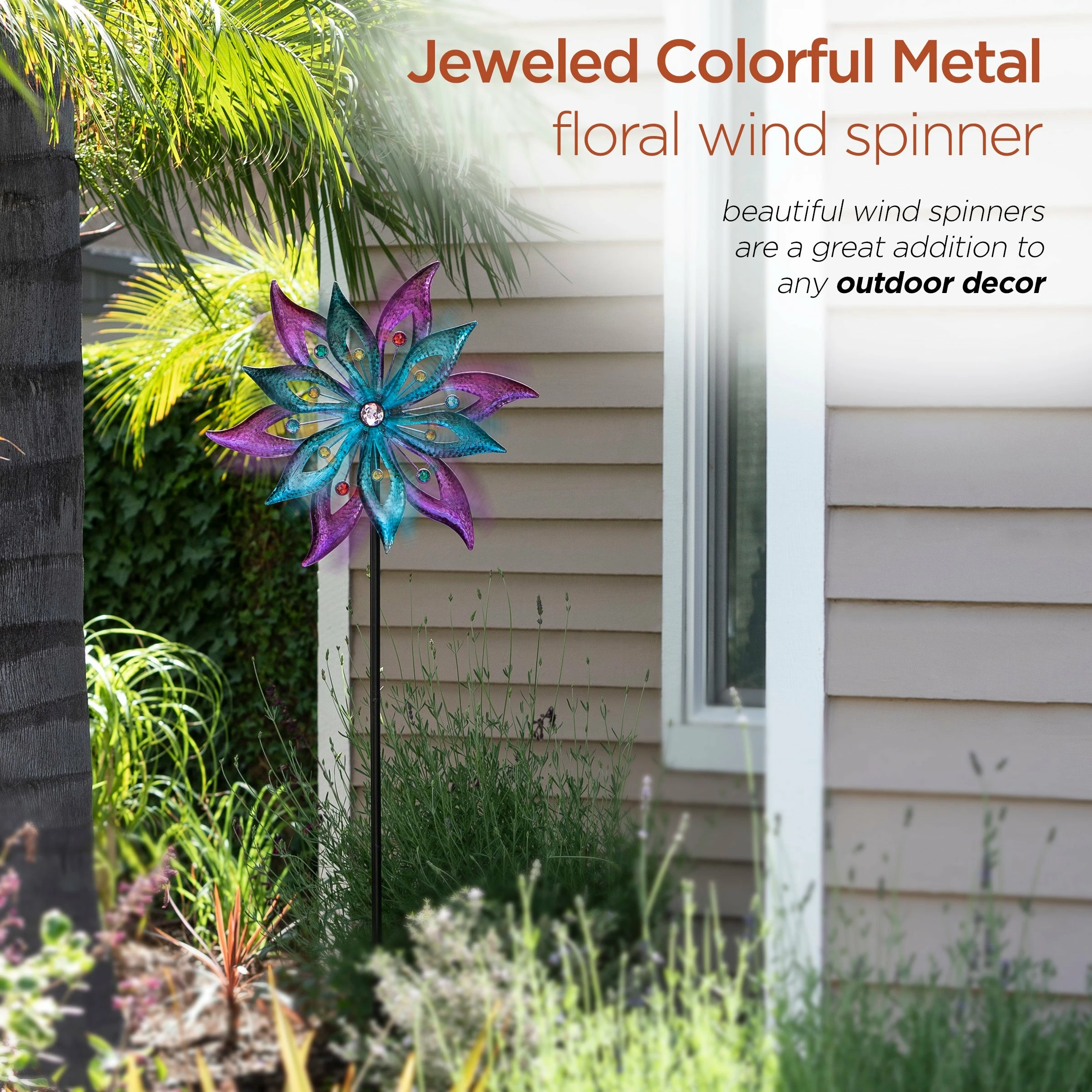 New π Alpine Corporation 64" Tall Outdoor Floral Windmill Stake With Gems Kinetic Spinner, Purple And Aqua π― - Image 4