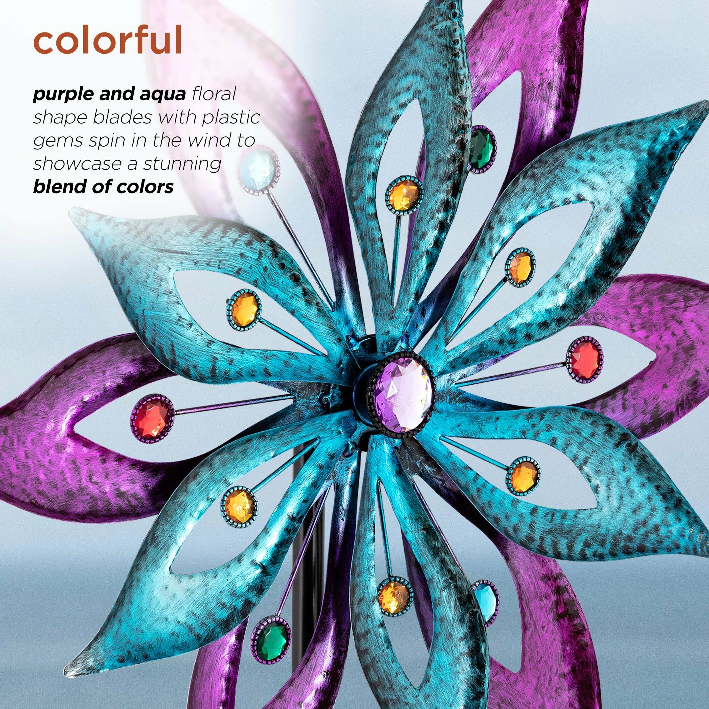 New π Alpine Corporation 64" Tall Outdoor Floral Windmill Stake With Gems Kinetic Spinner, Purple And Aqua π― - Image 5