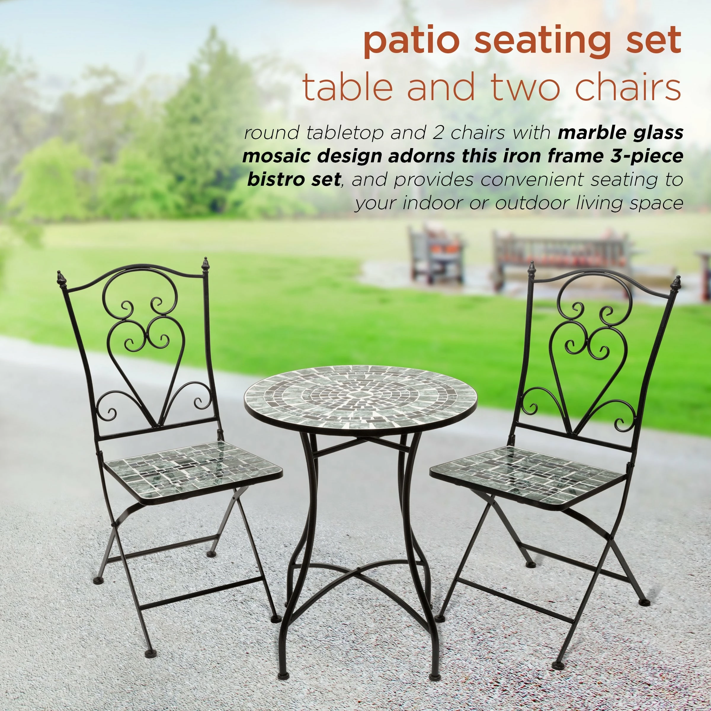 Best Sale β¨ Alpine Corporation Indoor/Outdoor Marbled Glass Mosaic 3-Piece Bistro Set Folding Table And Chairs Patio Seating β - Image 4