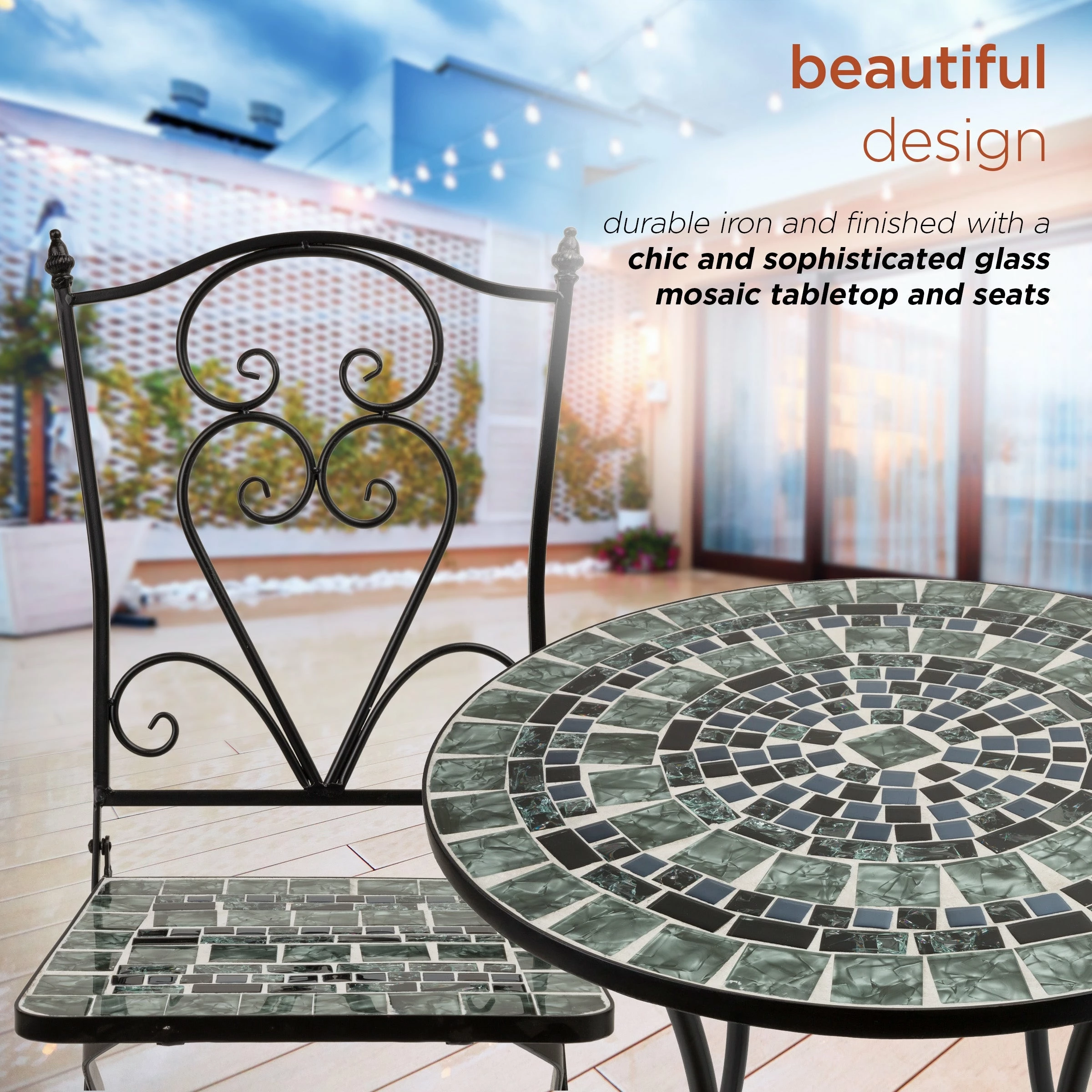 Best Sale β¨ Alpine Corporation Indoor/Outdoor Marbled Glass Mosaic 3-Piece Bistro Set Folding Table And Chairs Patio Seating β - Image 5
