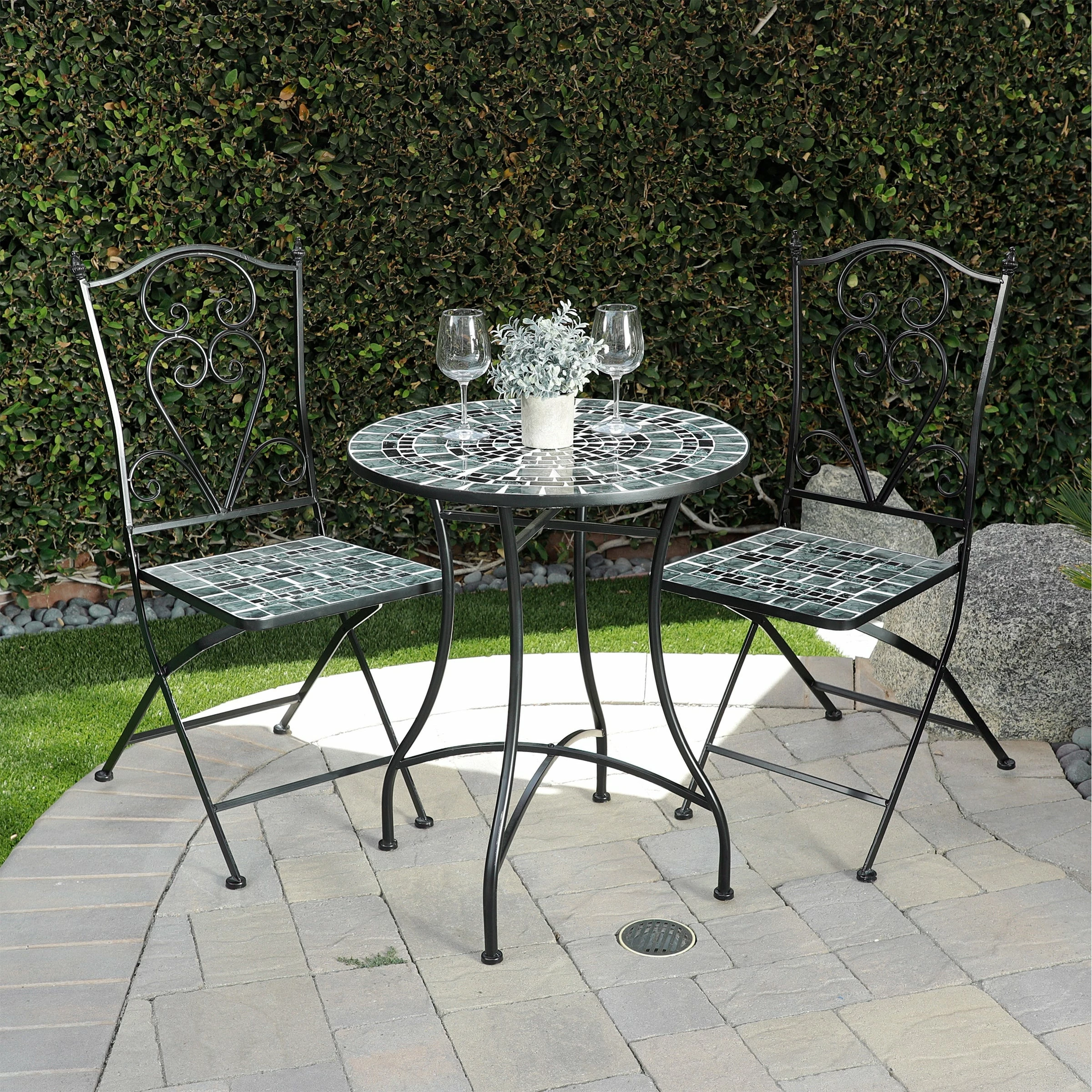 Best Sale β¨ Alpine Corporation Indoor/Outdoor Marbled Glass Mosaic 3-Piece Bistro Set Folding Table And Chairs Patio Seating β