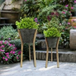 Best Sale β Alpine Corporation Indoor/Outdoor Metal Planters With Wooden Stands And Drainage Holes (Set Of 2) π